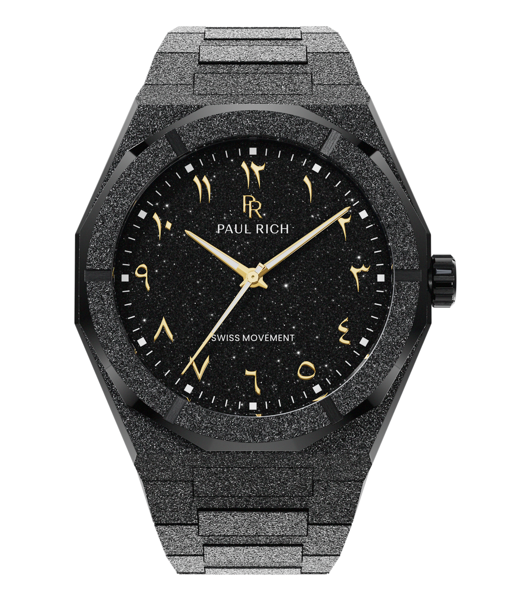 Paul Rich black frosted watch with black aventurine dial and gold Eastern Arabic numerals.