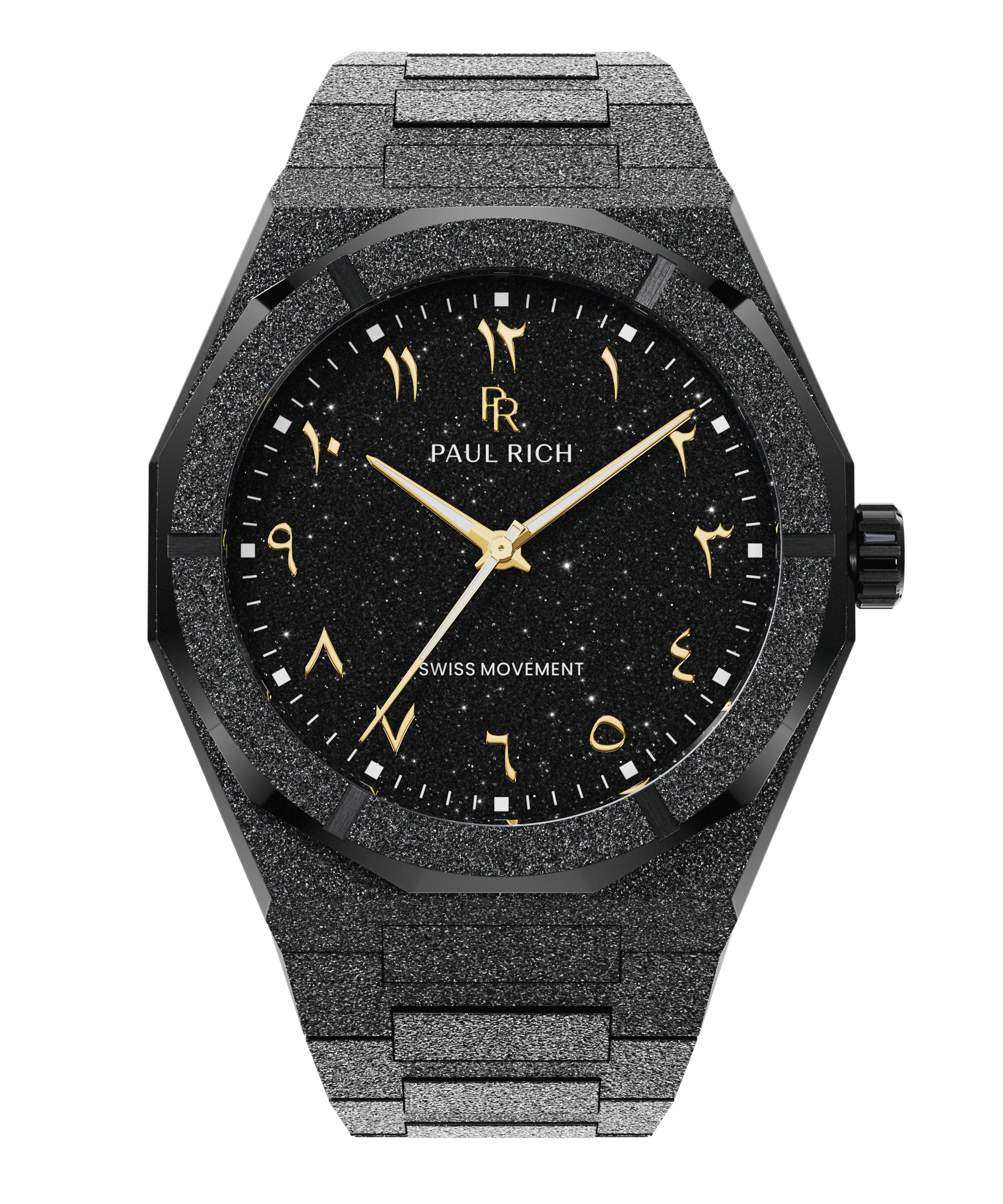 Paul Rich black frosted watch with black aventurine dial and gold Eastern Arabic numerals.