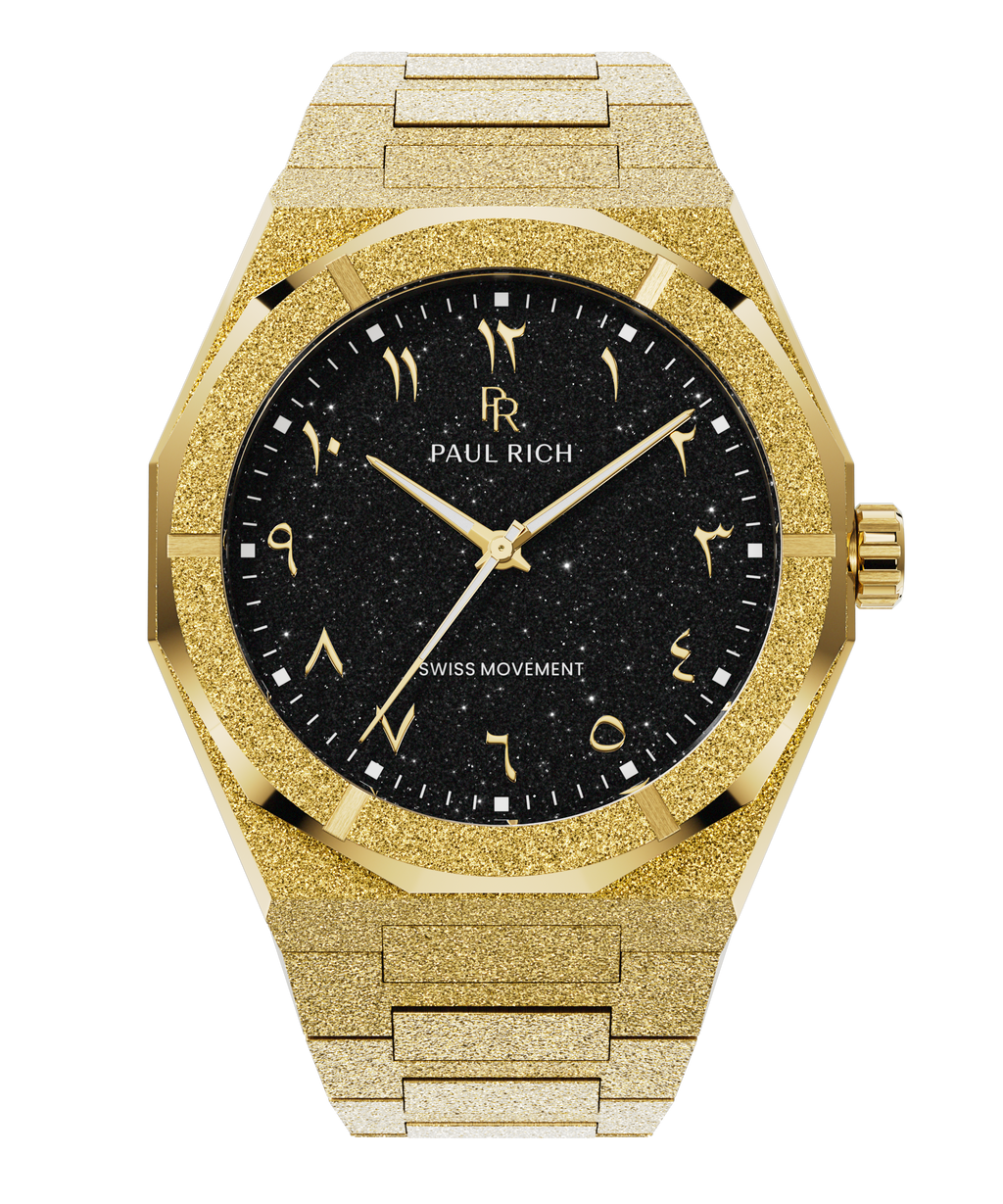 Paul Rich gold frosted watch with black aventurine dial, gold Eastern Arabic numerals, and Swiss movement on gold bracelet.