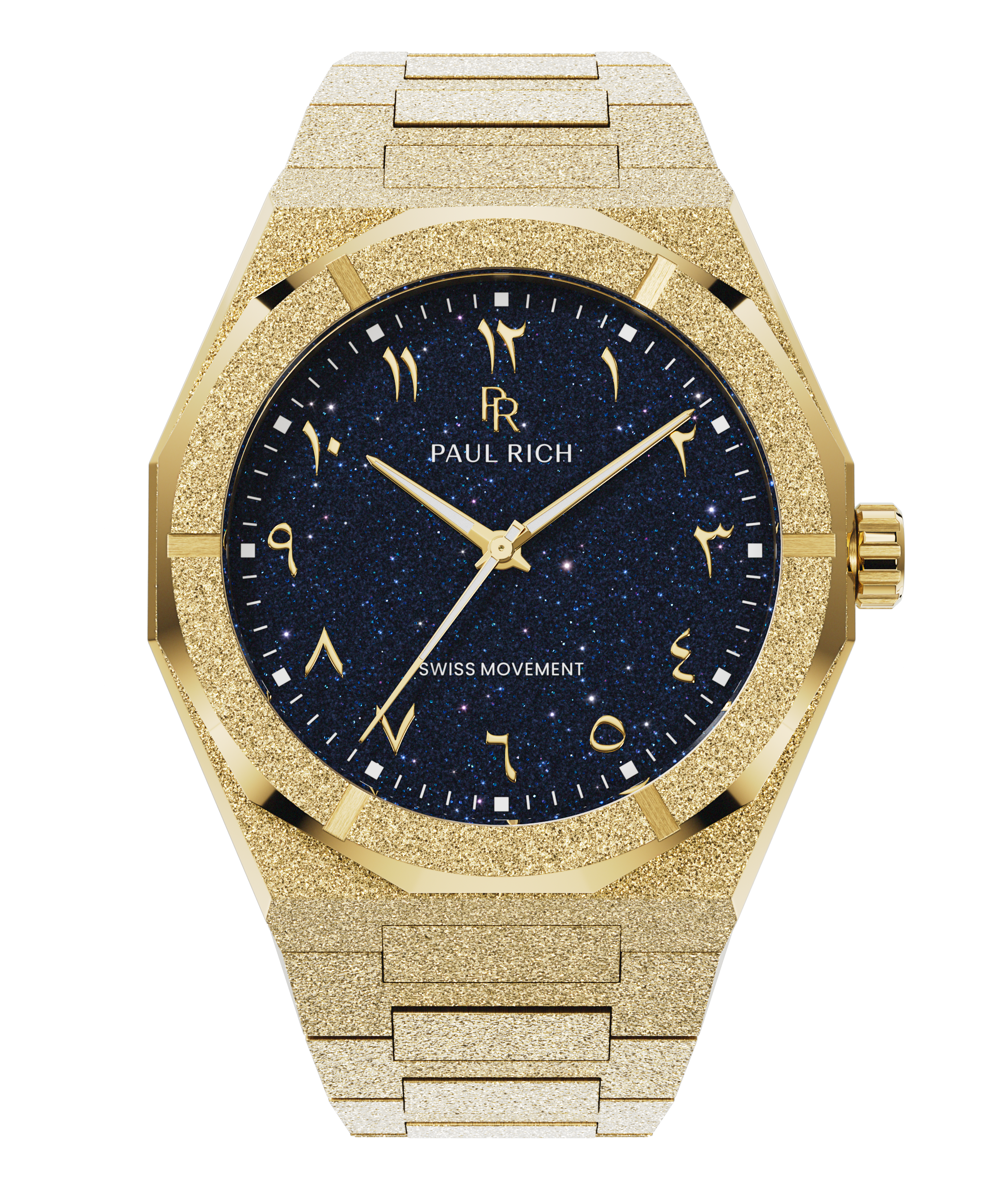Frosted gold watch with a blue aventurine dial, Arabic numerals, and matching gold hands and bracelet.