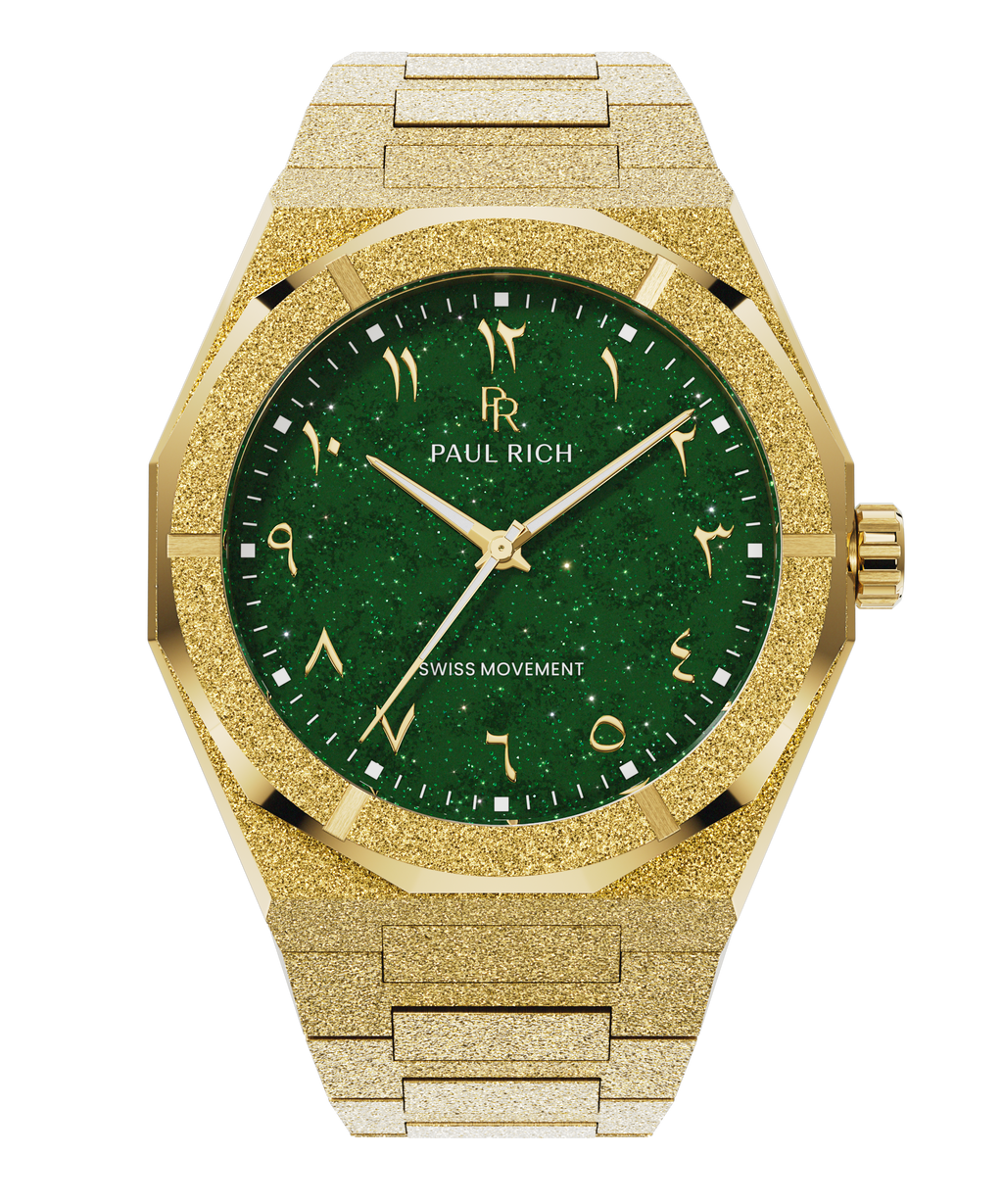 Paul Rich watch with frosted gold case and bracelet, featuring a green aventurine dial with Arabic numerals and gold hands.