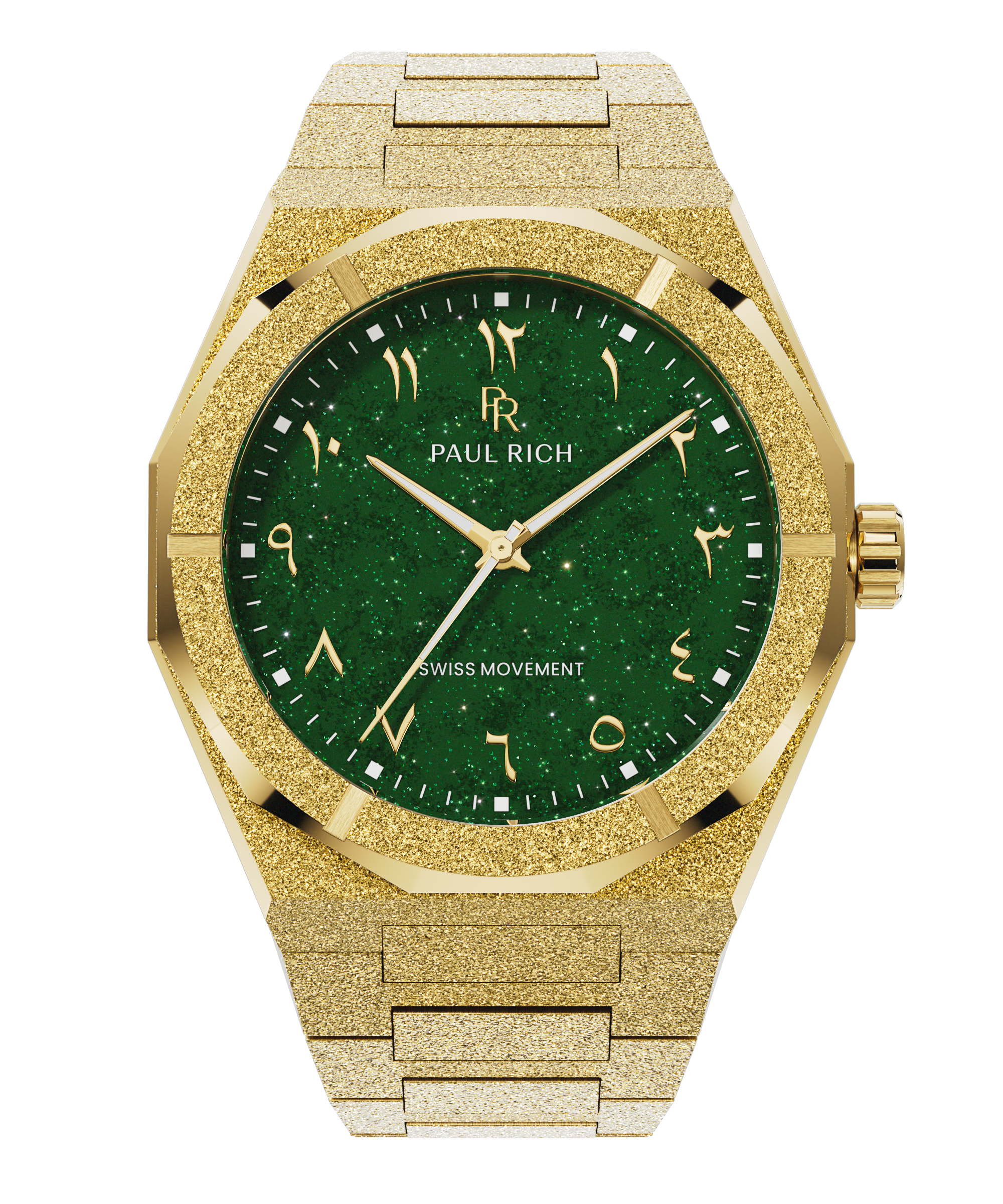 Paul Rich watch with frosted gold case and bracelet, featuring a green aventurine dial with Arabic numerals and gold hands.