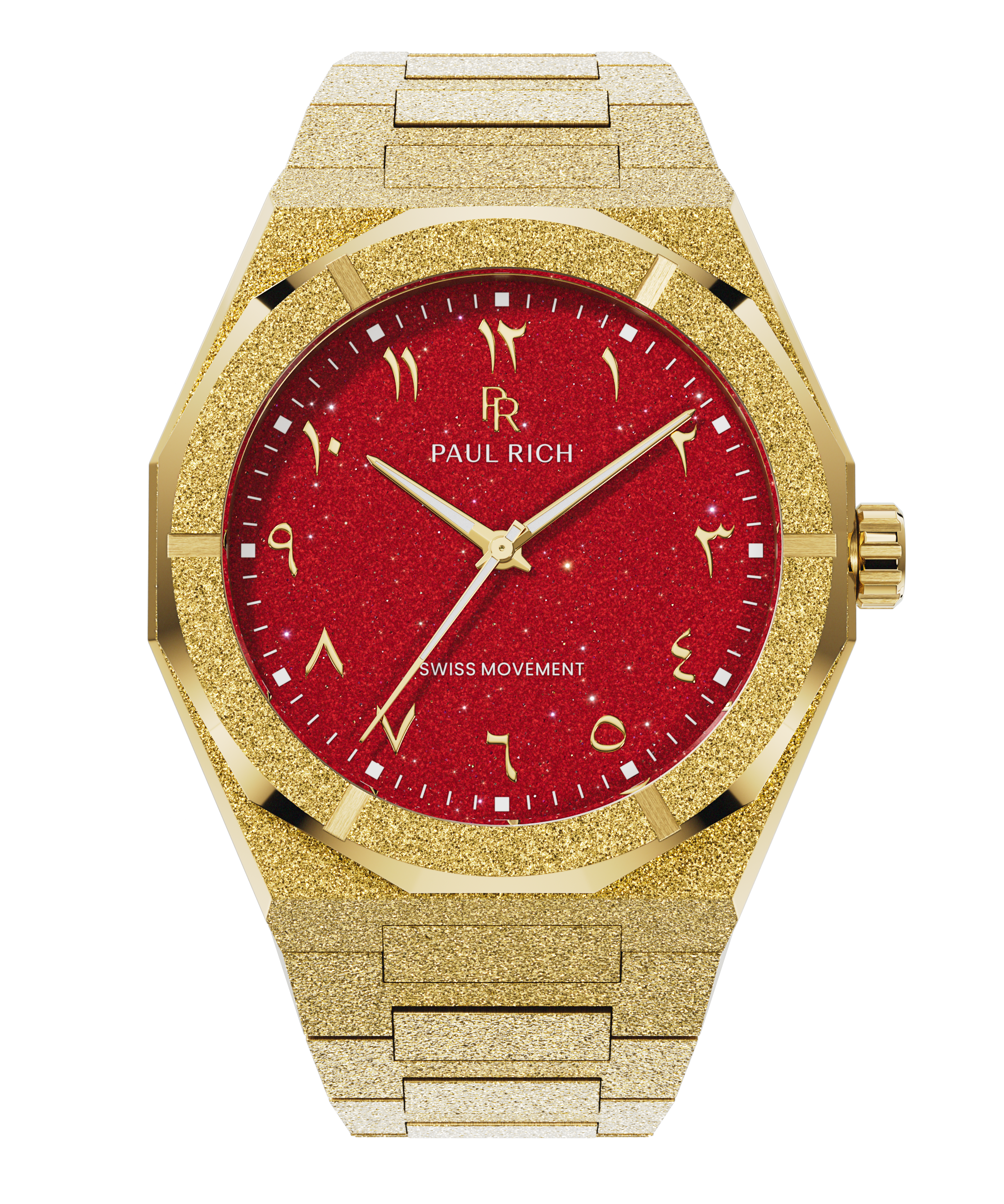 Paul Rich watch with frosted gold case and bracelet, featuring a red aventurine dial with Arabic numerals and gold hands.