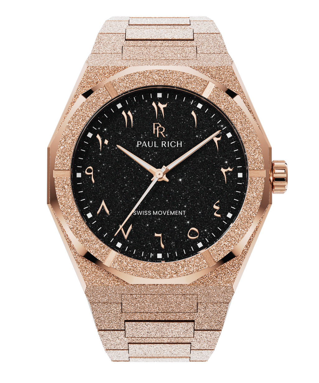 Paul Rich rose gold frosted watch with black aventurine dial, rose gold Eastern Arabic numerals, and Swiss movement.