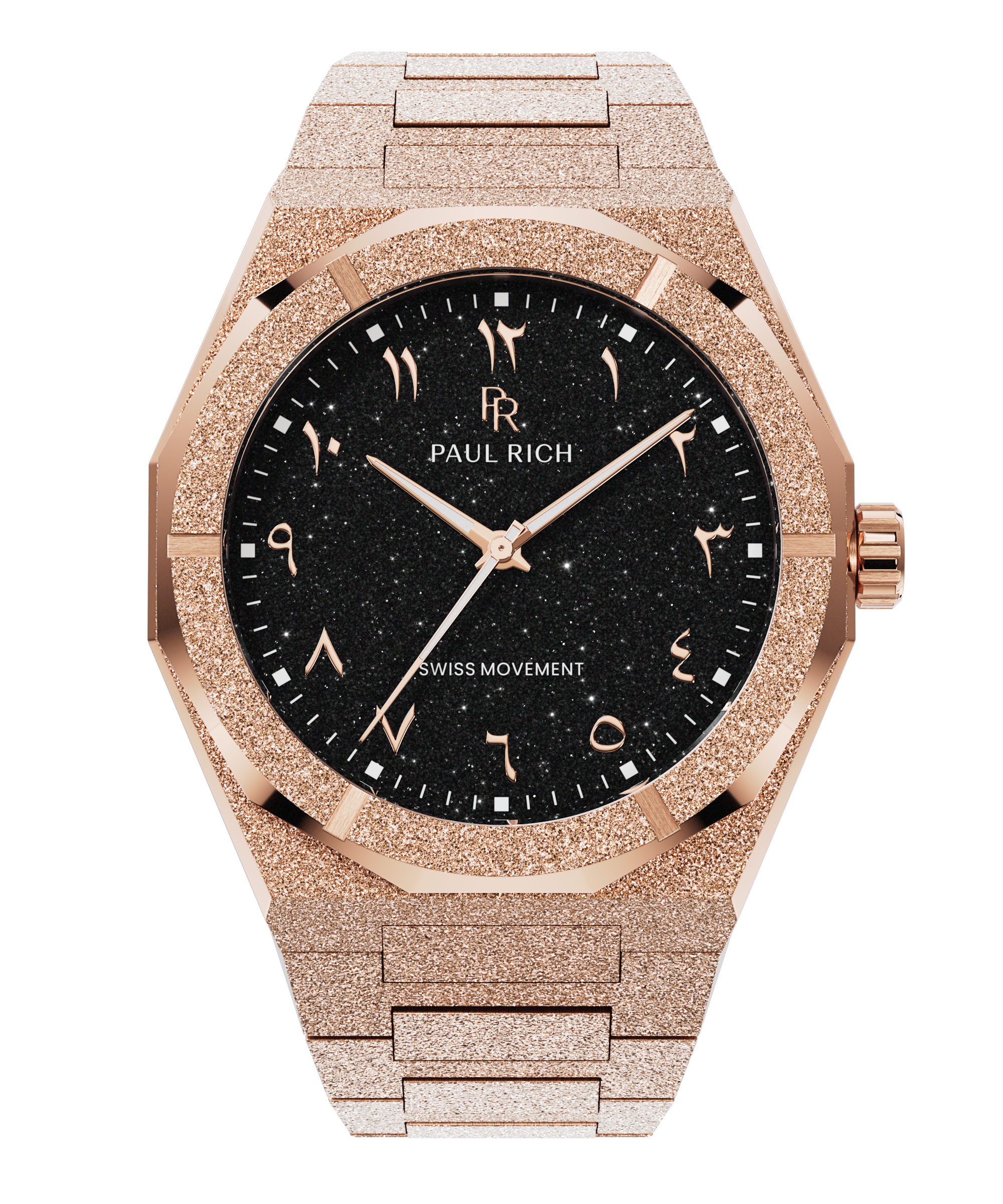 Paul Rich rose gold frosted watch with black aventurine dial, rose gold Eastern Arabic numerals, and Swiss movement.