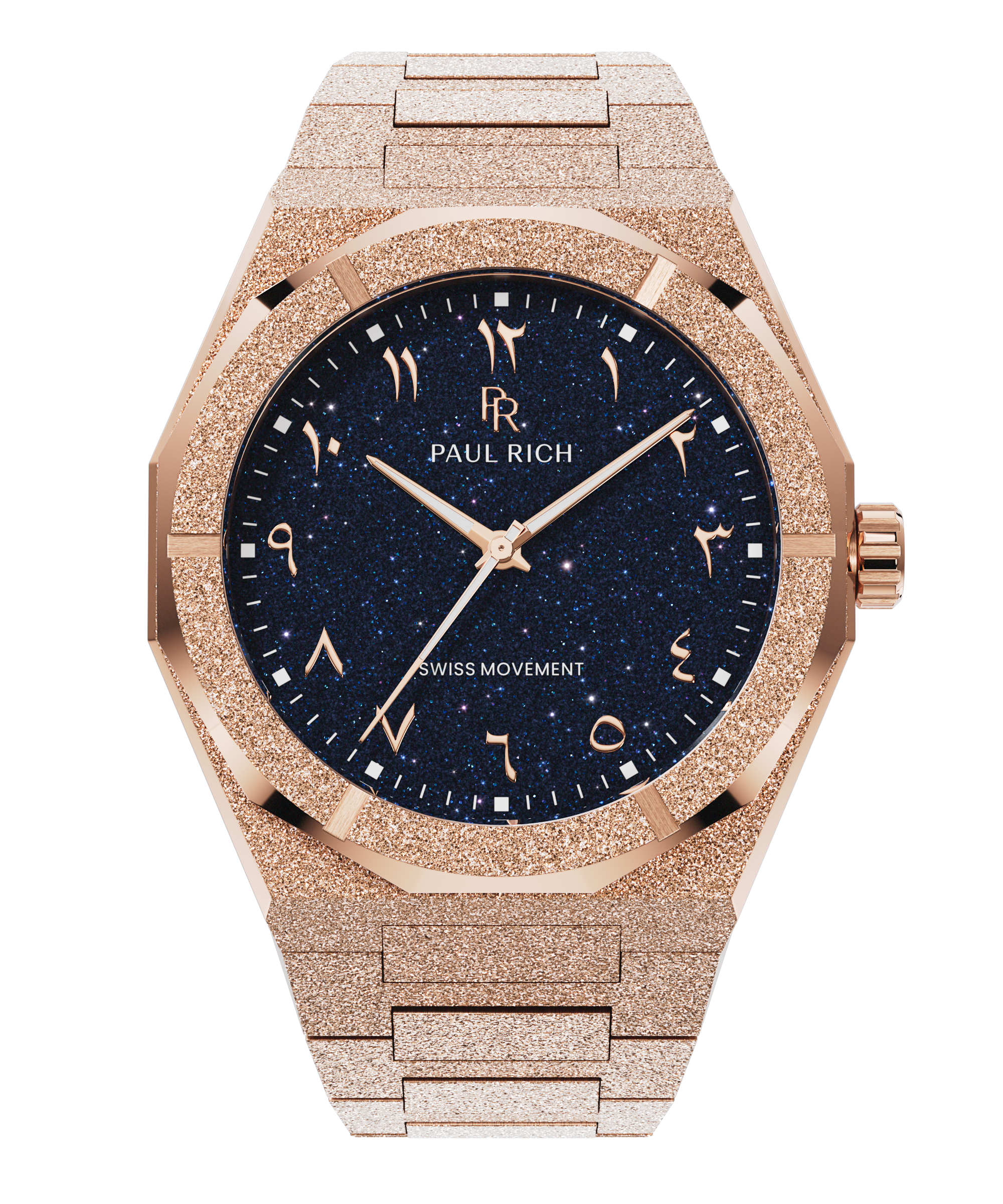 Frosted rose gold watch with a blue aventurine dial, Arabic numerals, and matching rose gold hands and bracelet.