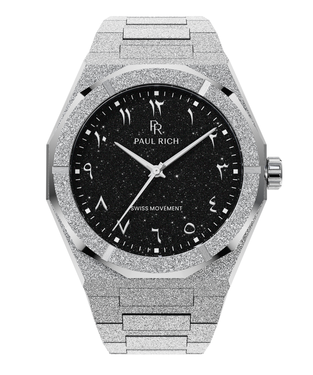 Silver watch with shimmering frosted case, black aventurine dial, and Arabic numerals, displayed on transparent background.