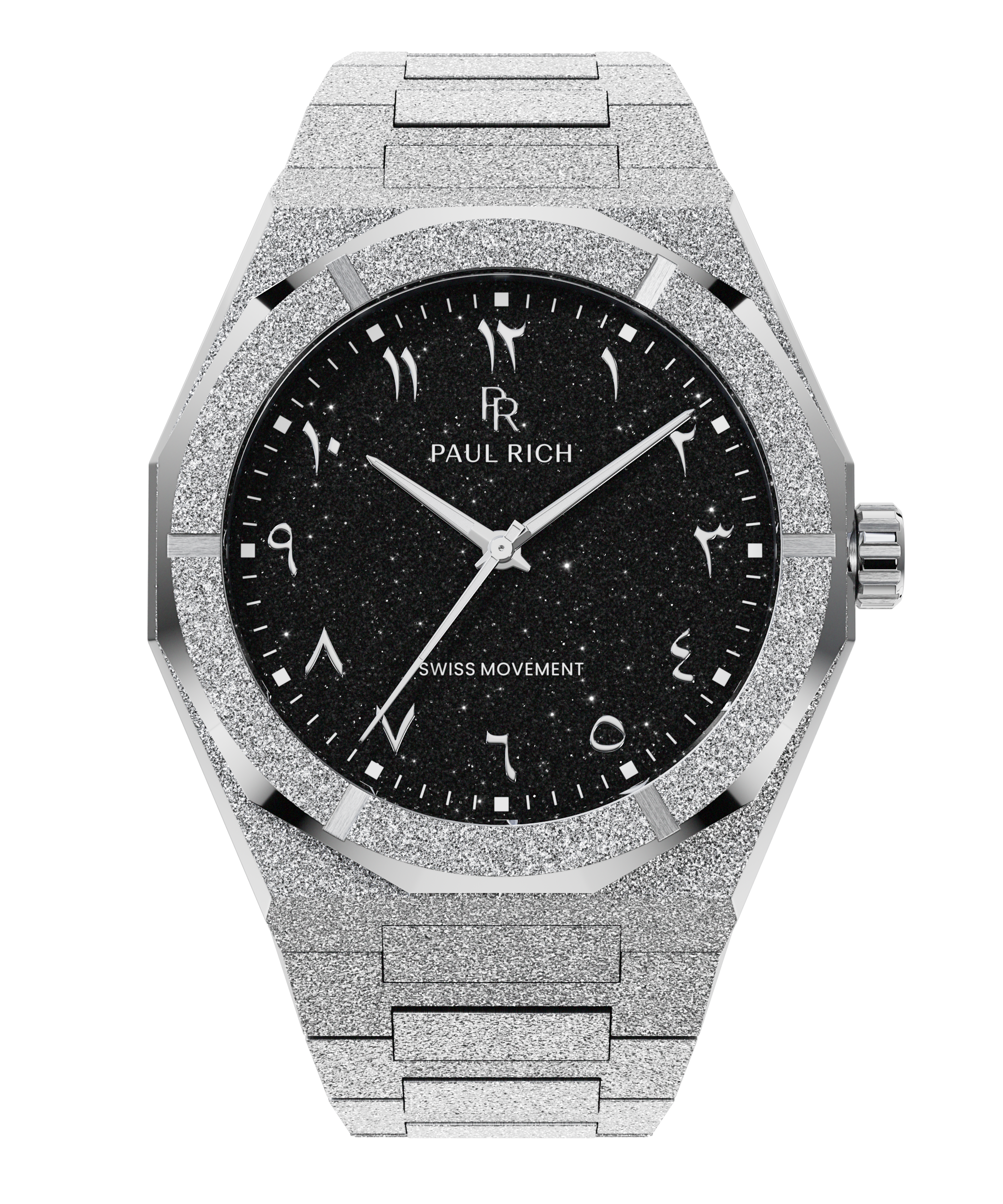 Silver watch with shimmering frosted case, black aventurine dial, and Arabic numerals, displayed on transparent background.