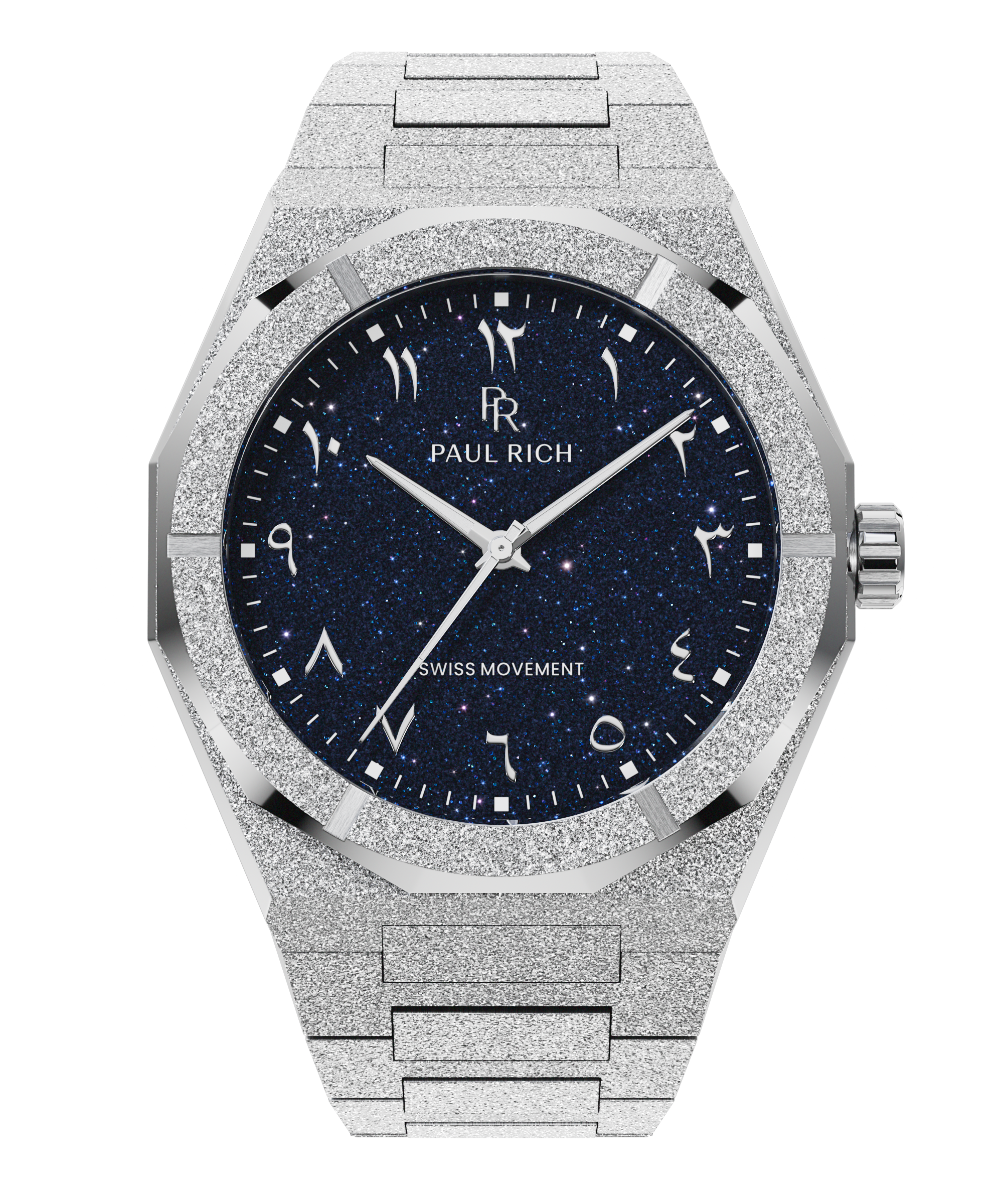 Frosted silver watch with a matching frosted bracelet, blue aventurine dial, Arabic numerals, and silver hands.
