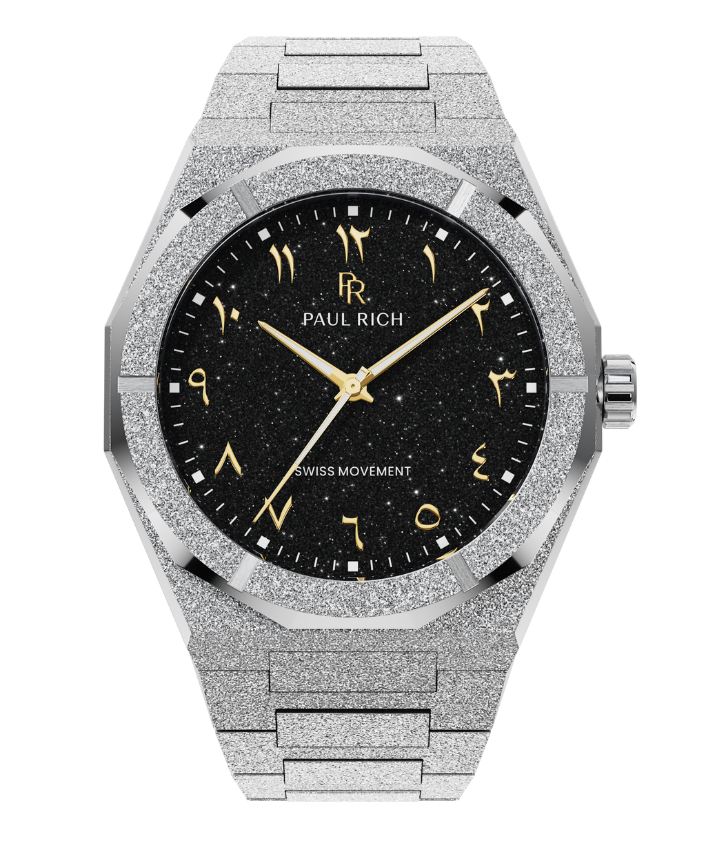 Paul Rich silver frosted watch with black aventurine dial, gold Eastern Arabic numerals, and Swiss movement.