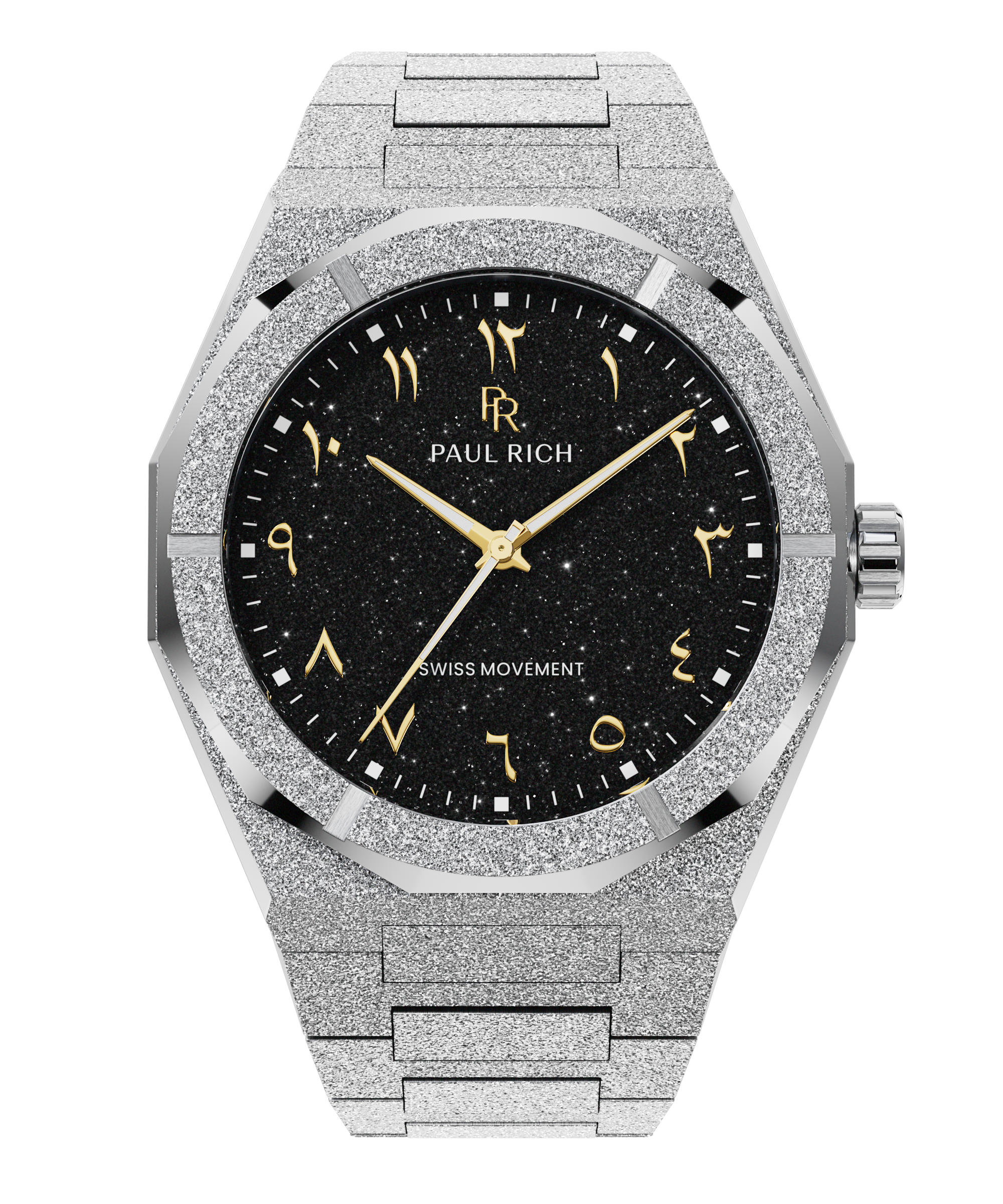 Paul Rich silver frosted watch with black aventurine dial, gold Eastern Arabic numerals, and Swiss movement.
