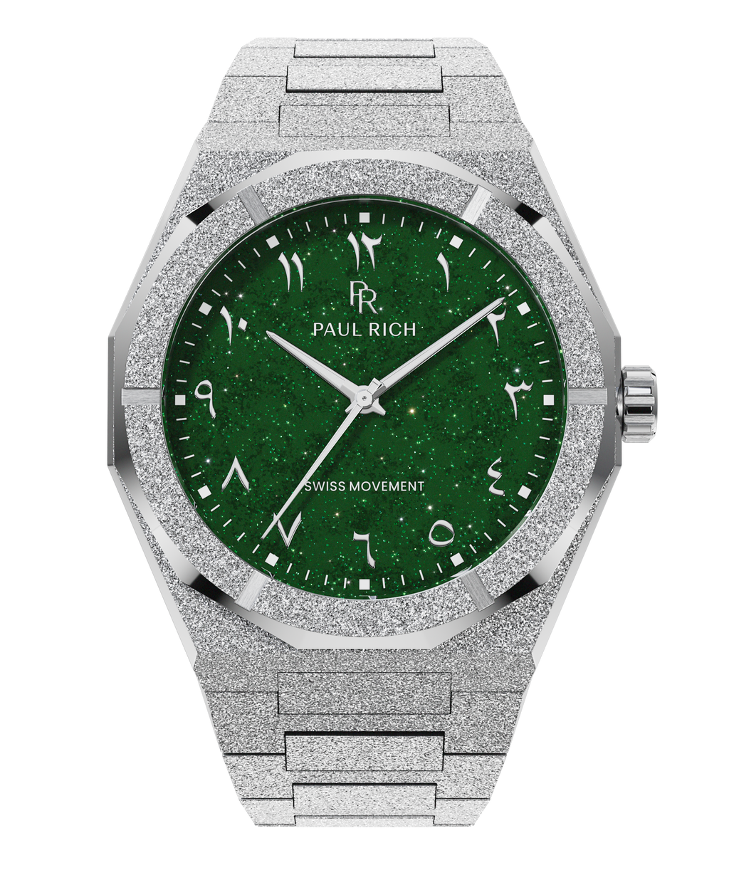 Paul Rich watch with frosted silver case and bracelet, featuring a green aventurine dial with Arabic numerals and silver hands.