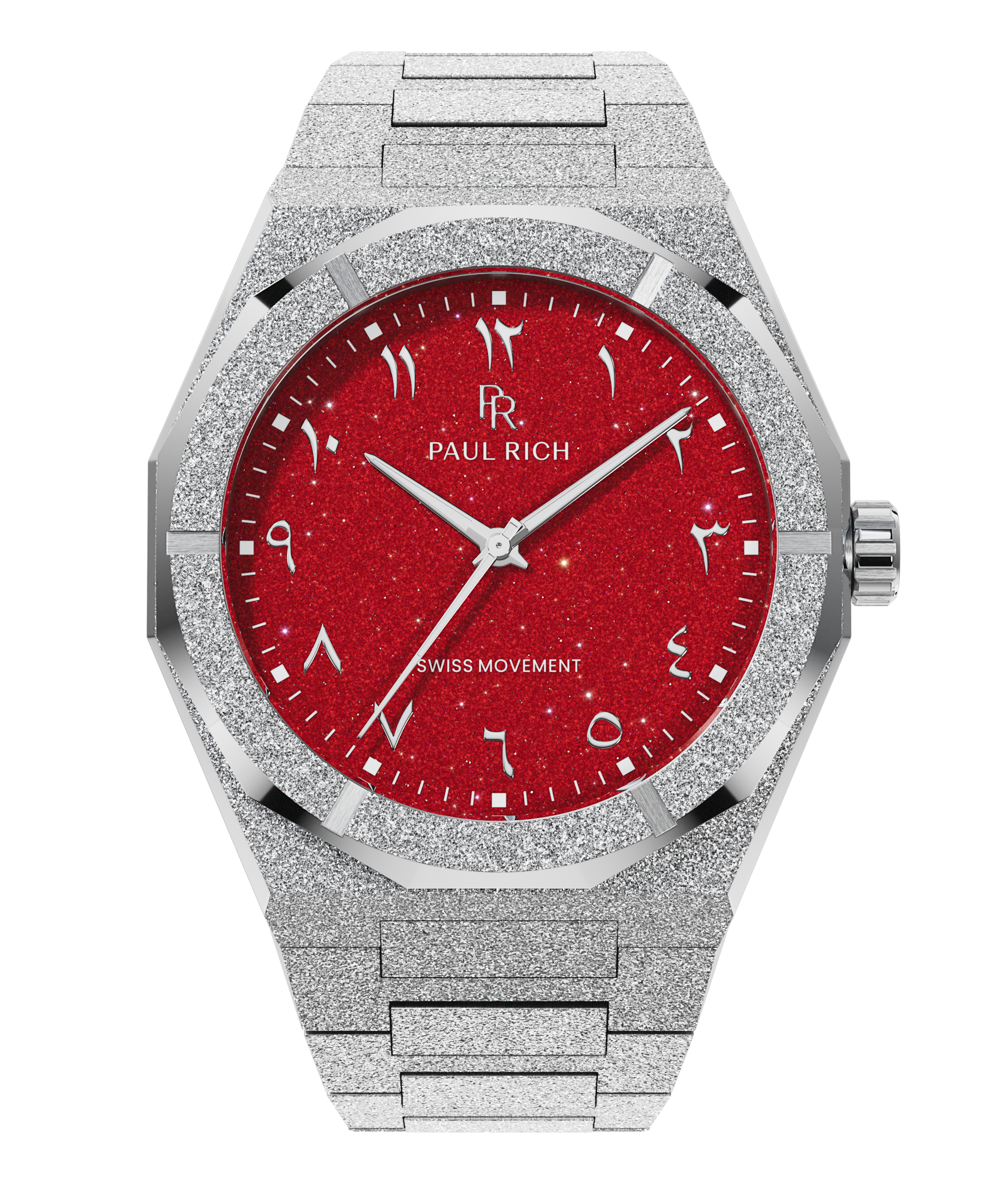 Paul Rich watch with frosted silver case and bracelet, featuring a red aventurine dial with Arabic numerals and silver hands.