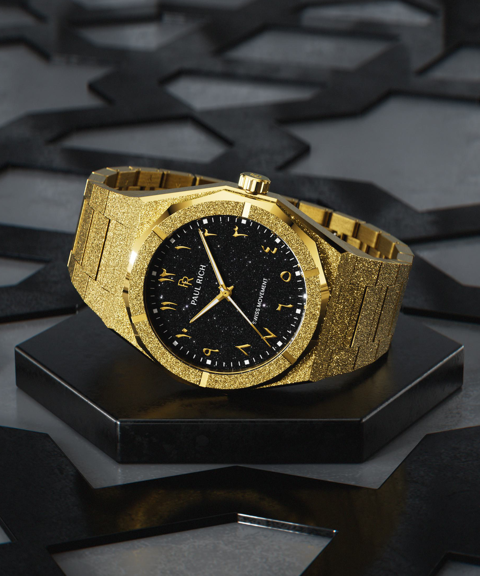 Paul Rich gold frosted watch with black aventurine dial and gold Eastern Arabic numerals, displayed on geometric black base.