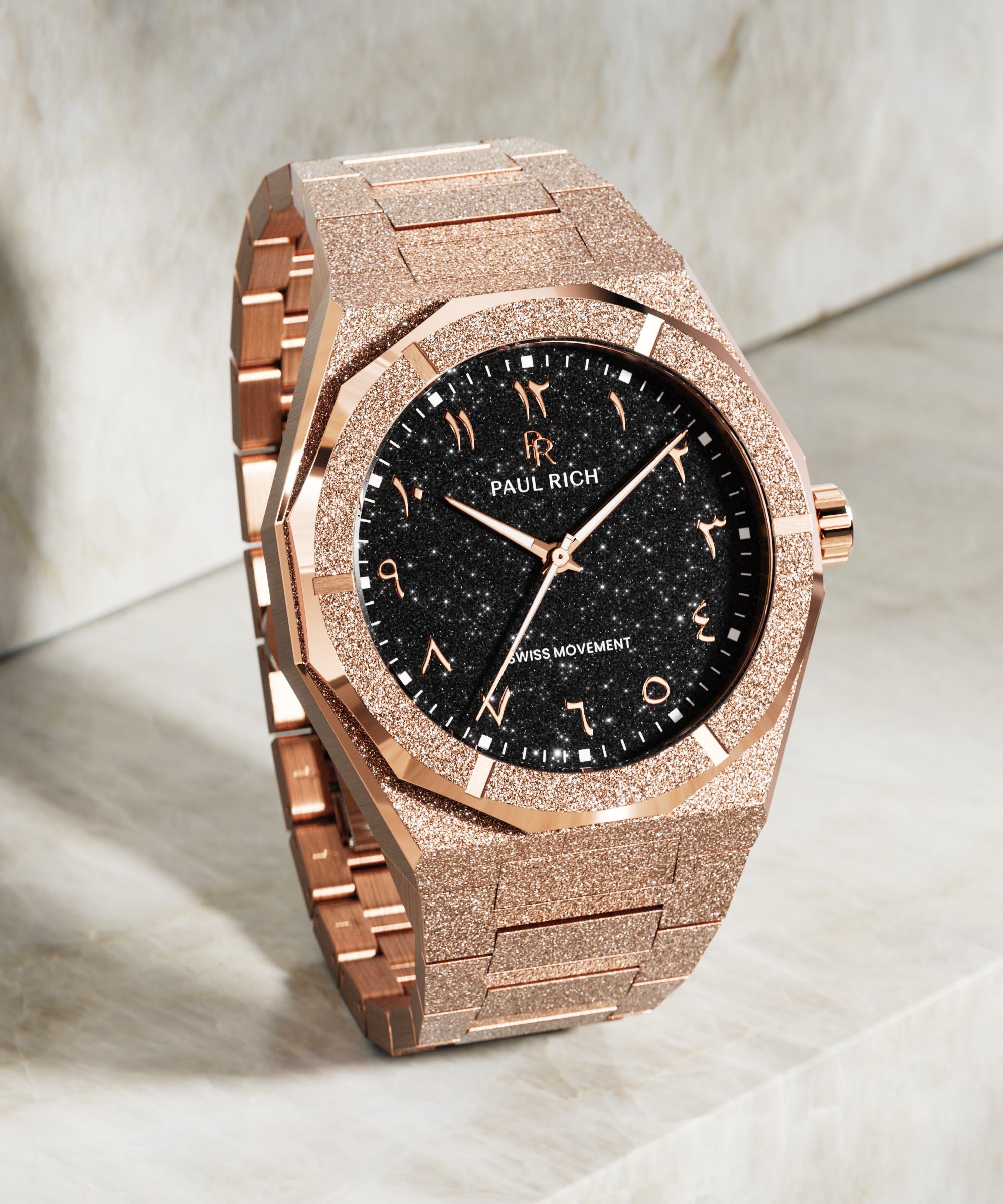 Paul Rich rose gold frosted watch with black aventurine dial, rose gold Eastern Arabic numerals, and Swiss movement.