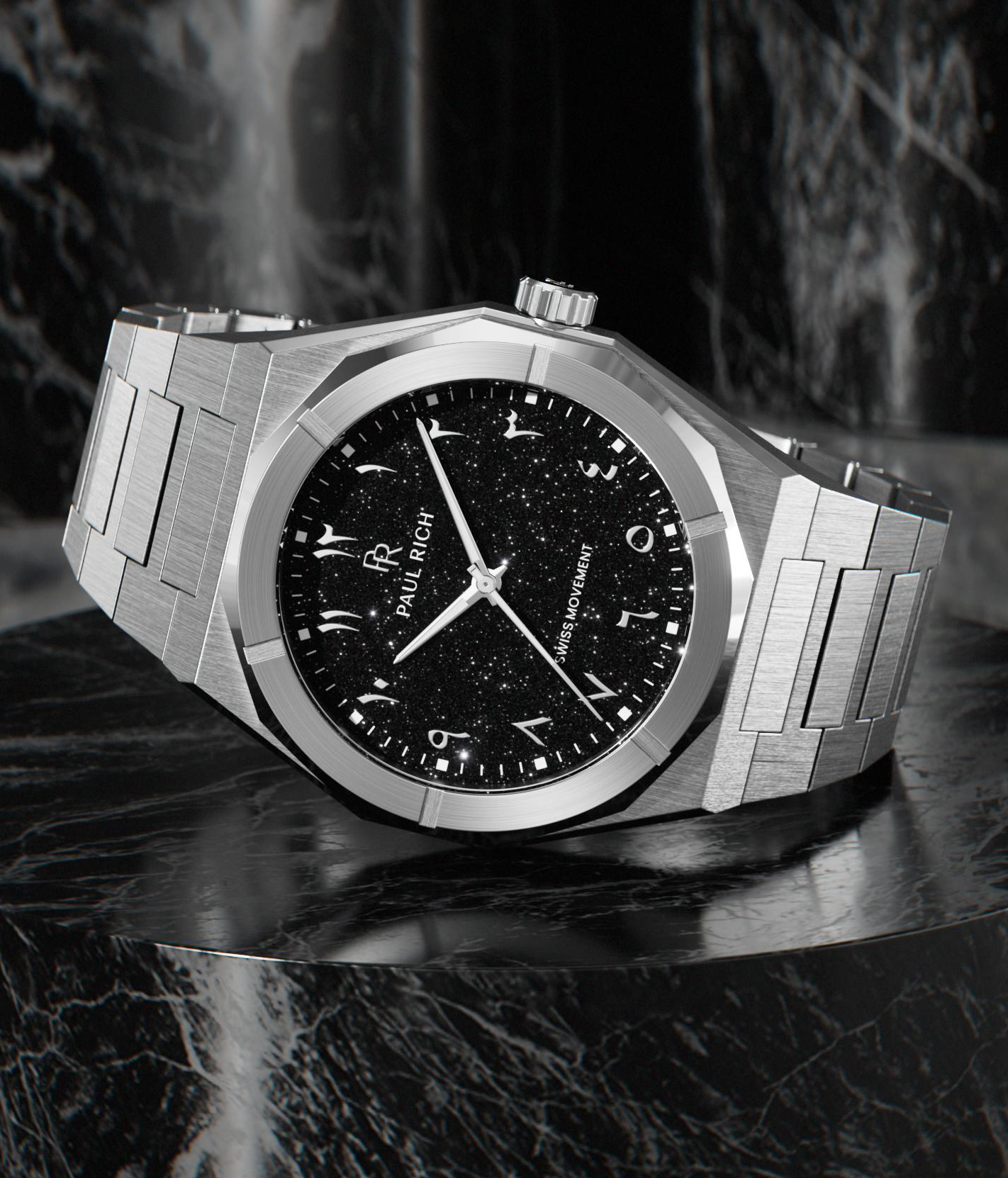 Paul Rich brushed steel watch with black aventurine dial, silver Eastern Arabic numerals, and Swiss movement on steel bracelet.