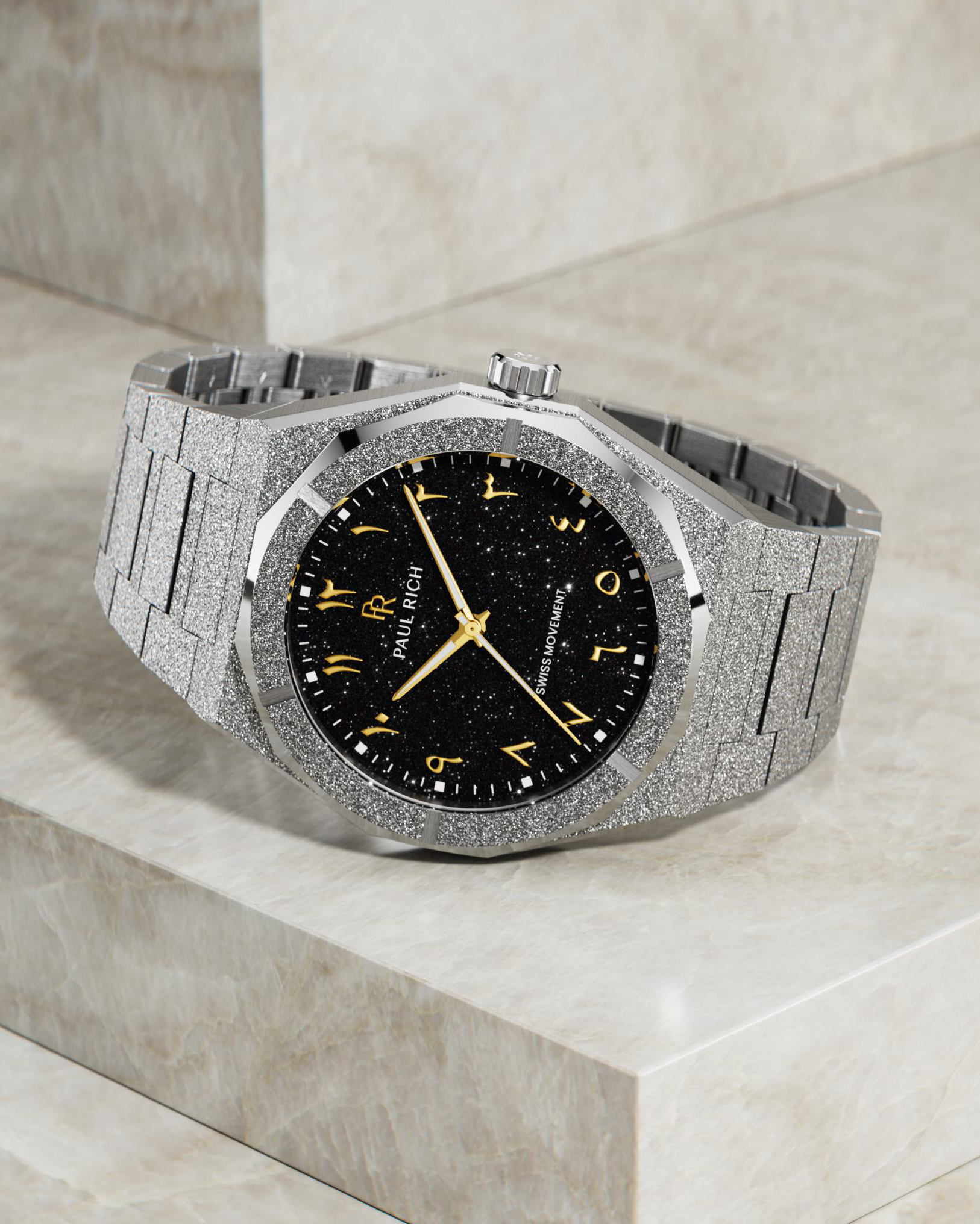 Paul Rich frosted silver watch with gold Arabic numerals and black aventurine dial, displayed on marble-textured stone surface.