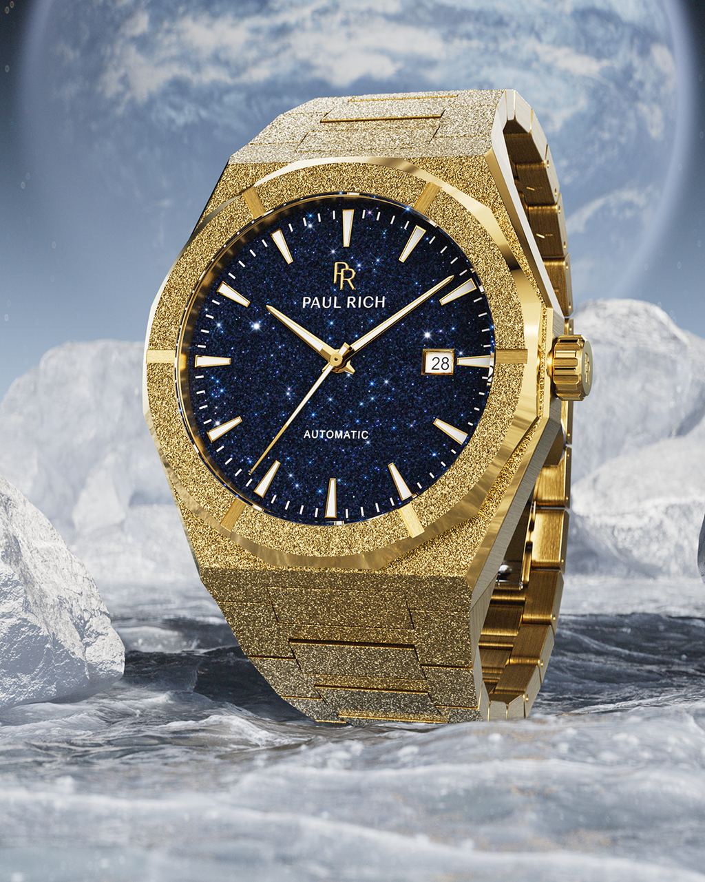 Gold frosted Paul Rich watch with blue aventurine dial and date window, displayed on icy surface with Earth in the space background.