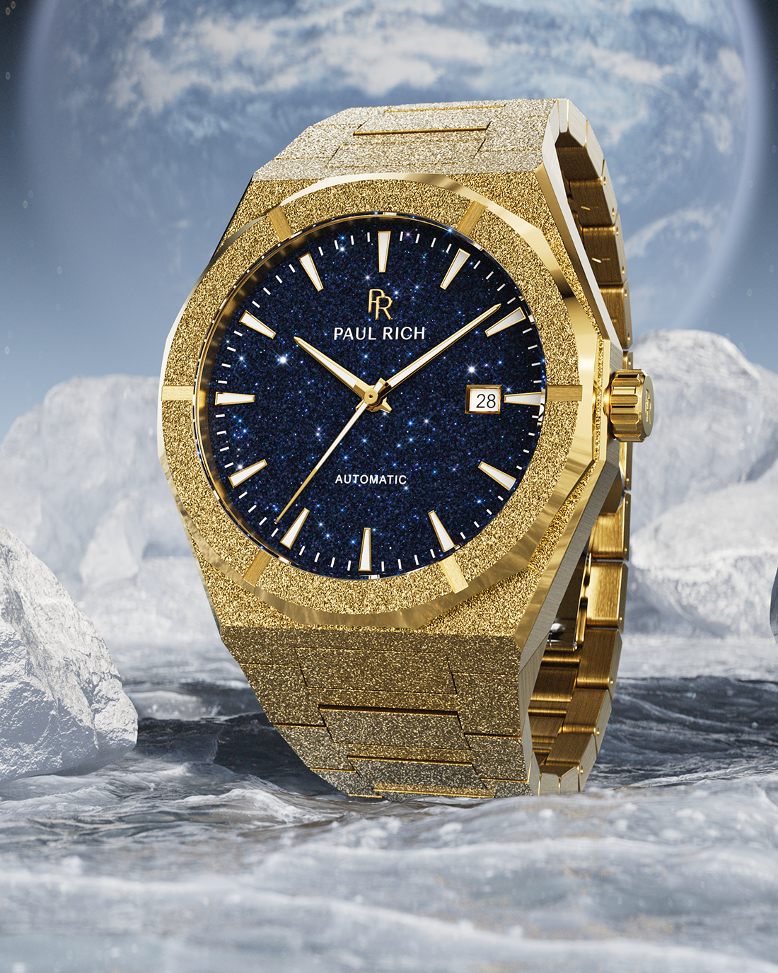 Gold frosted Paul Rich watch with blue aventurine dial and date window, displayed on icy surface with Earth in the space background.
