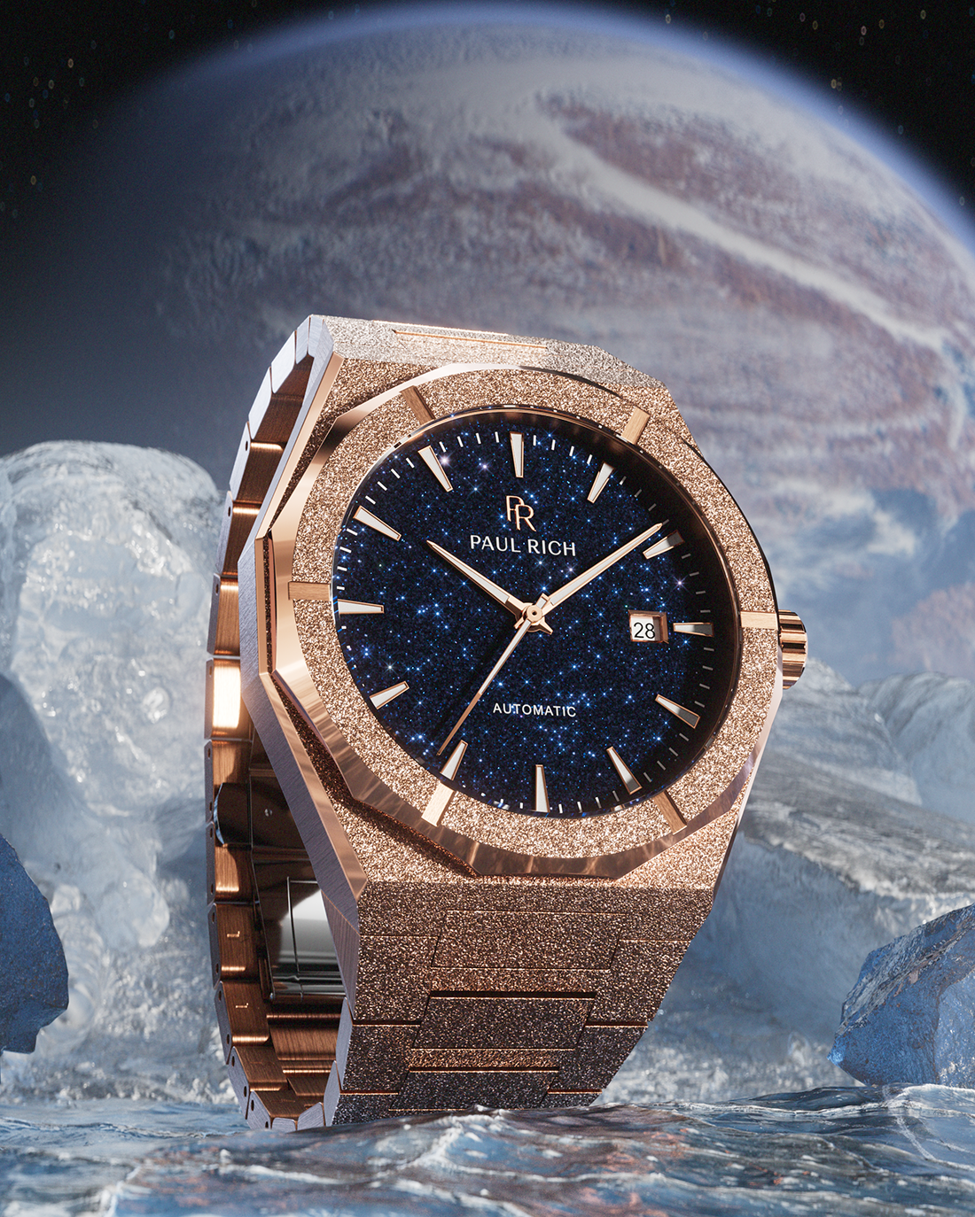Rose gold Paul Rich watch with blue aventurine dial and date window, standing on ice with a planet and stars in the background.