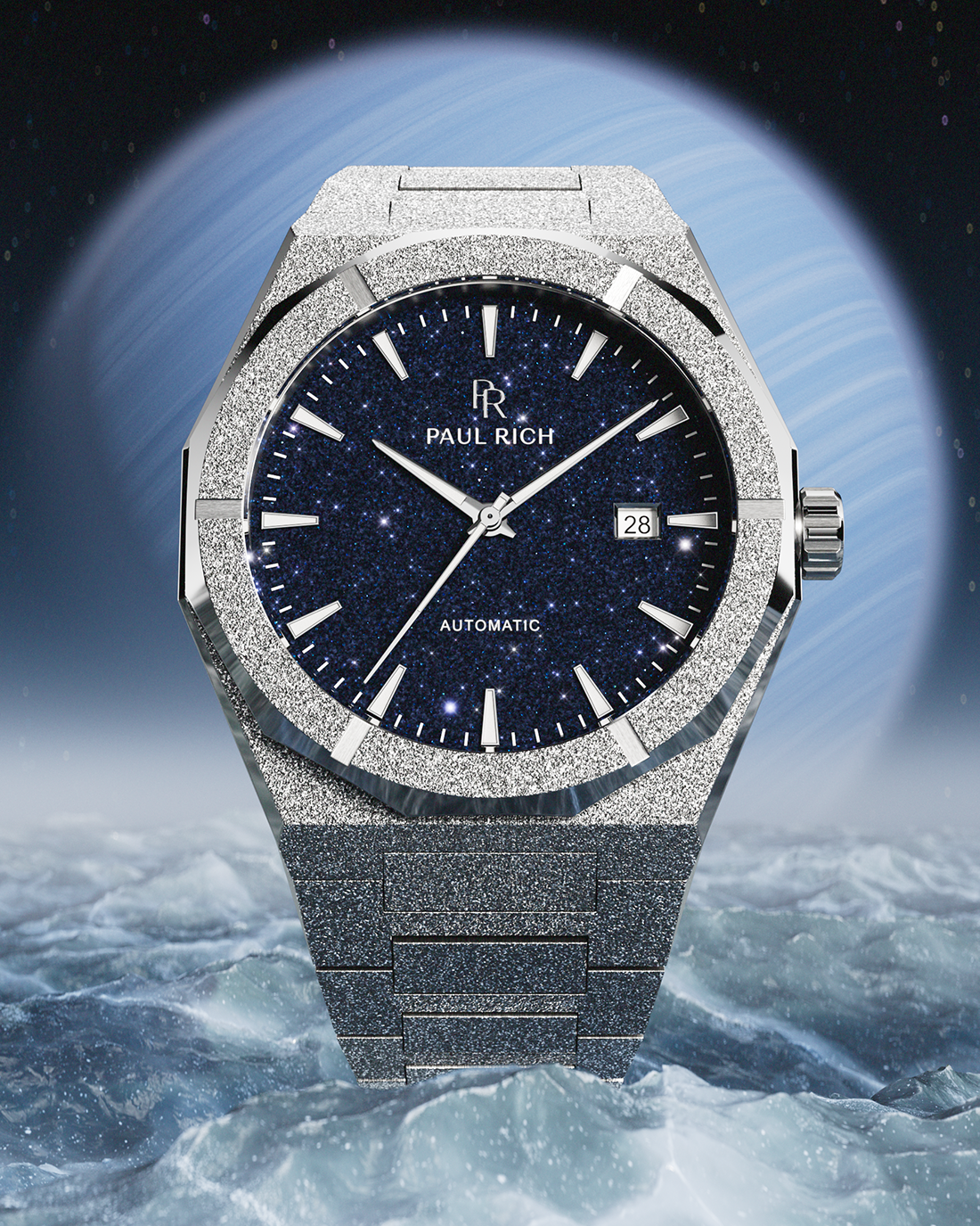 Silver frosted Paul Rich watch with blue aventurine dial and date window, standing on icy ocean with a blue-striped planet behind.