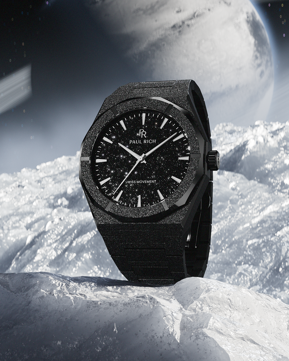 Paul Rich watch with frosted black case and black aventurine dial, displayed on a snowy surface with a moonlit space backdrop.