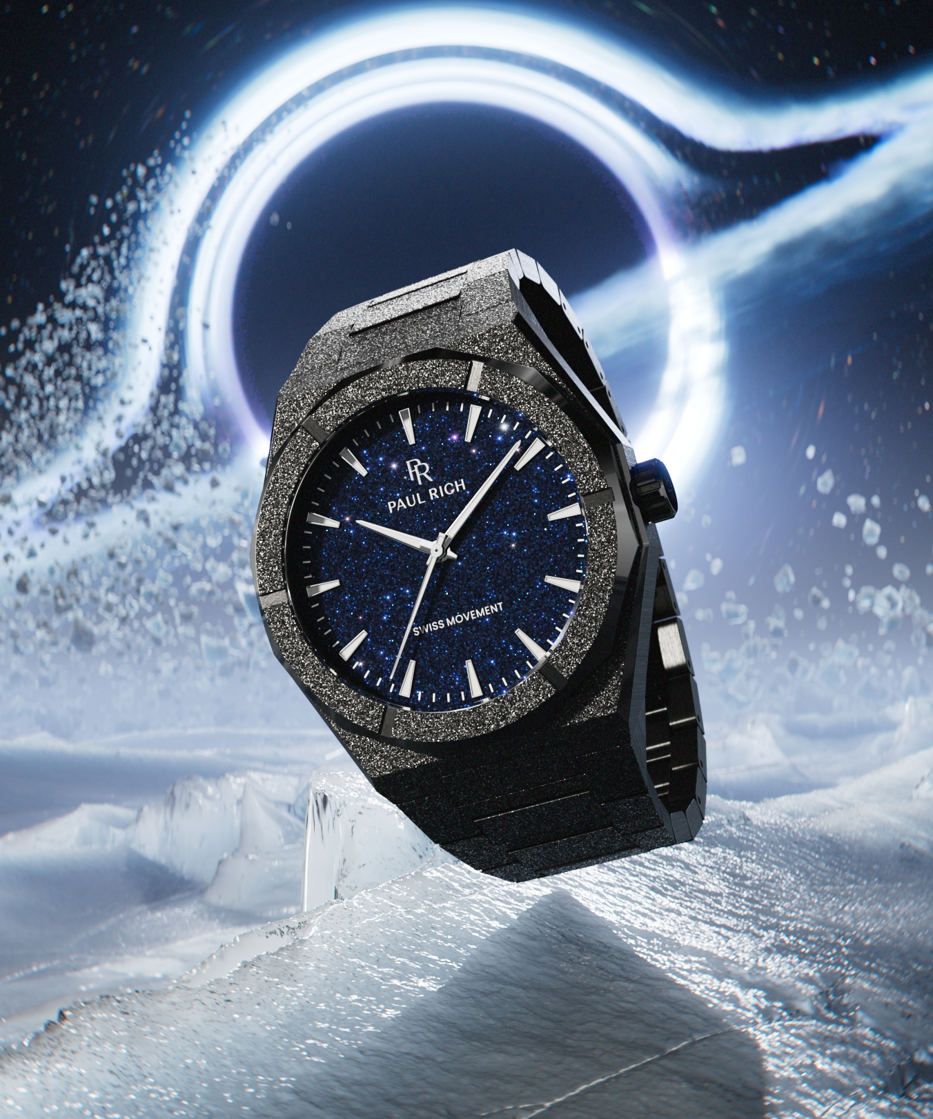 Black frosted Paul Rich watch with blue aventurine dial floating on icy terrain, with a glowing black hole and debris in the background.