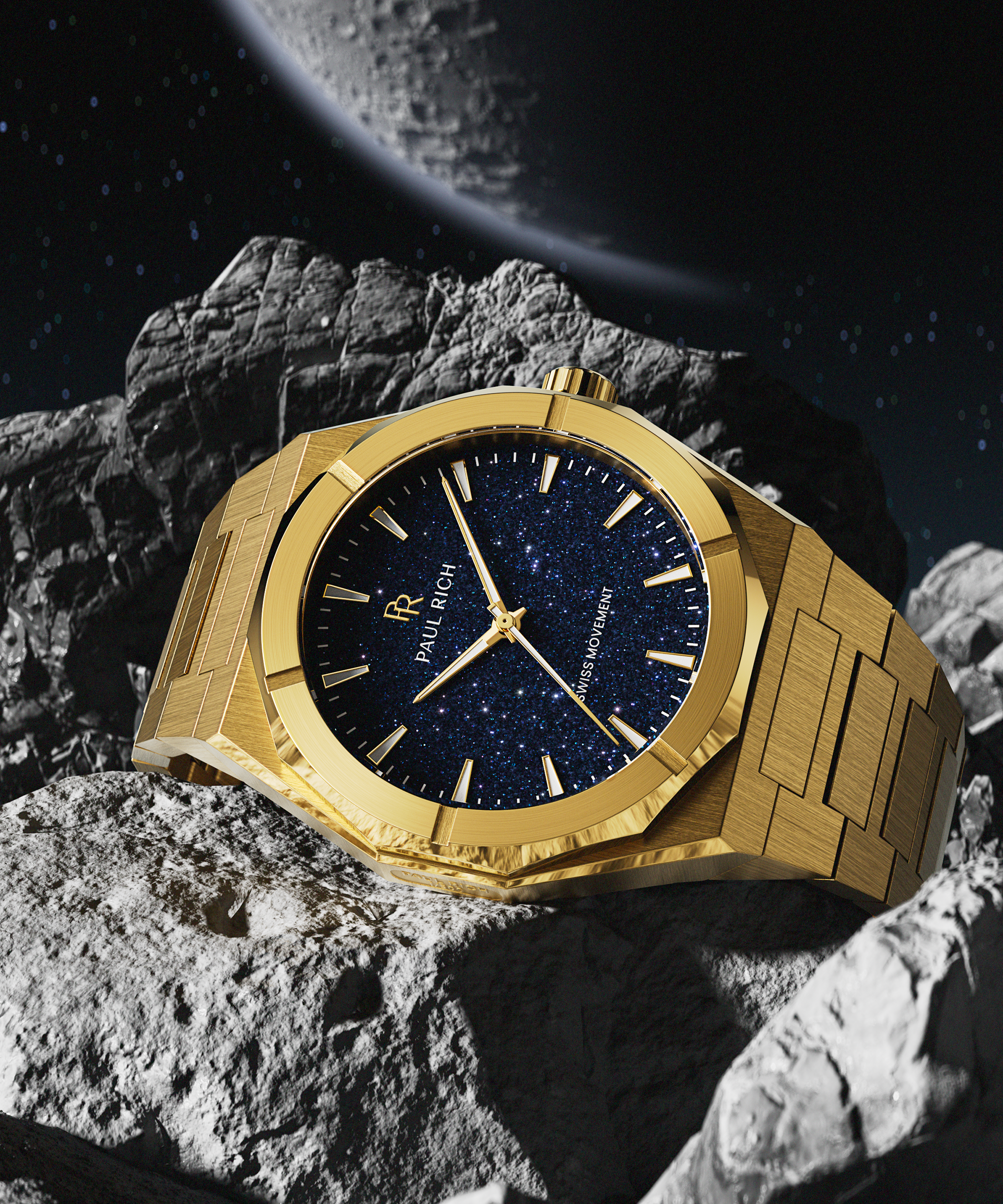 Gold Paul Rich watch with deep blue aventurine dial resting on rocky asteroid surface, with a large moon and stars in the background.