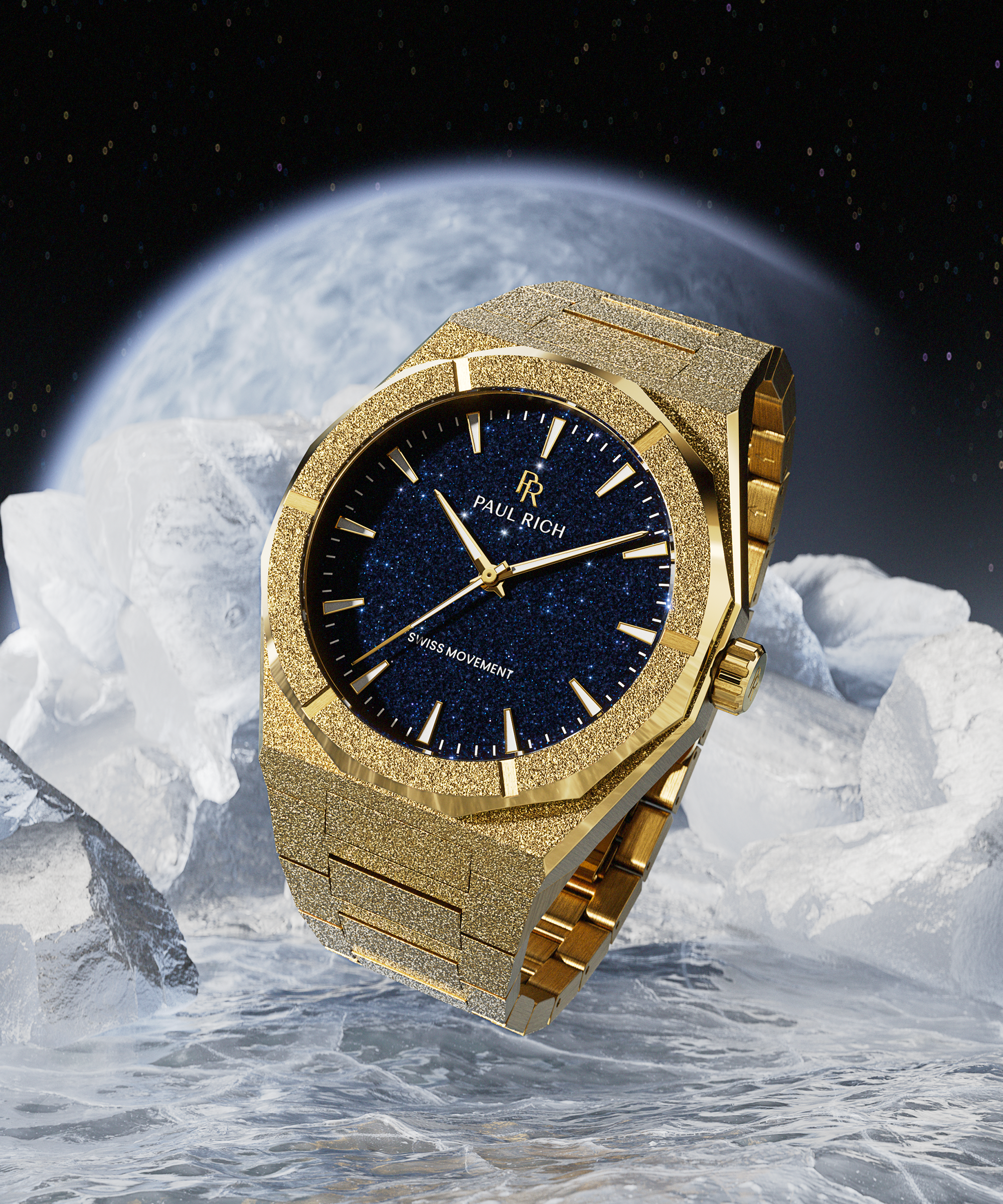 Gold frosted Paul Rich watch with blue aventurine dial resting on ice, with a glowing planet and starry sky in the background.