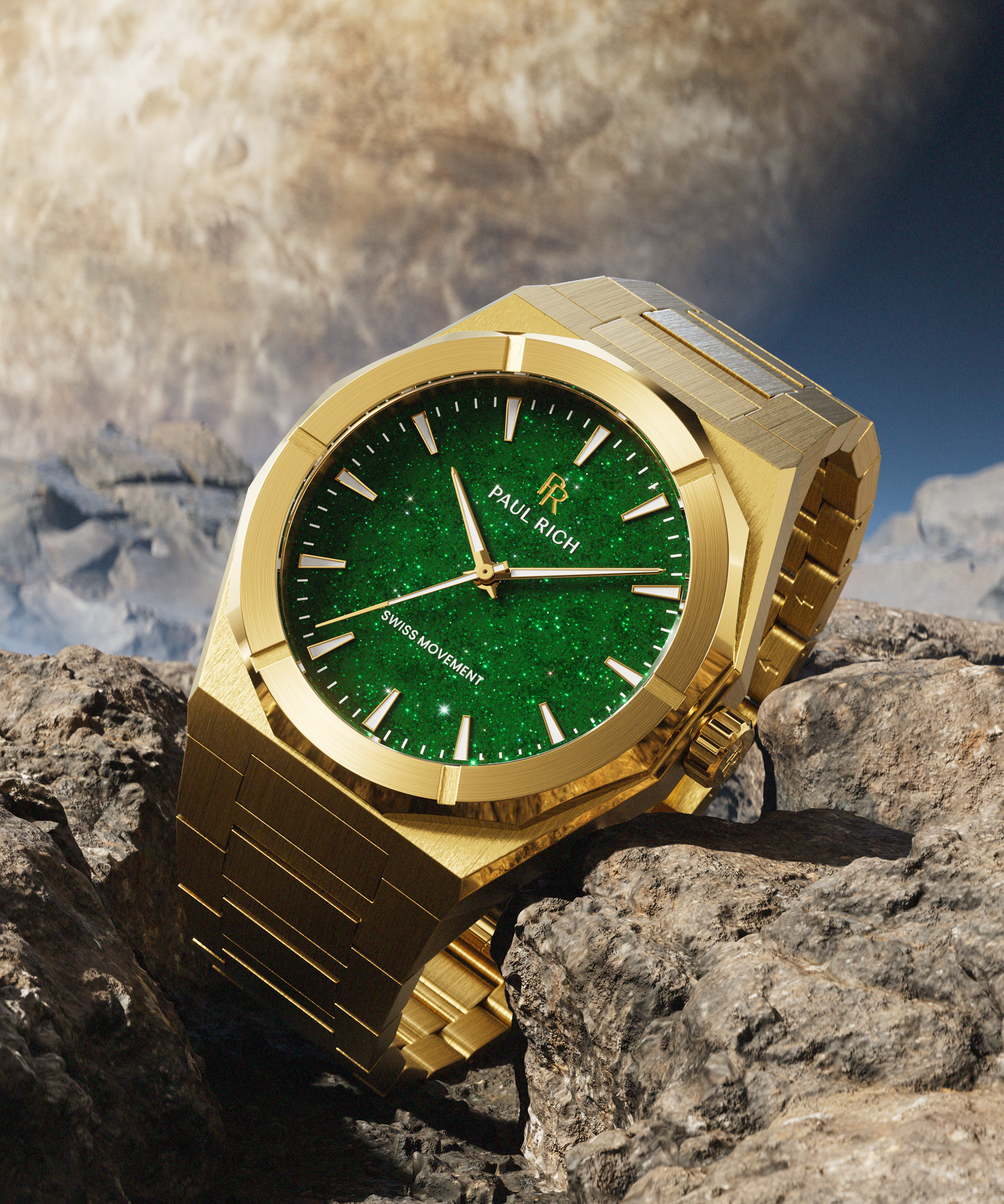 Gold Paul Rich watch with green aventurine dial resting on rocky terrain, with a large textured planet surface in the background.