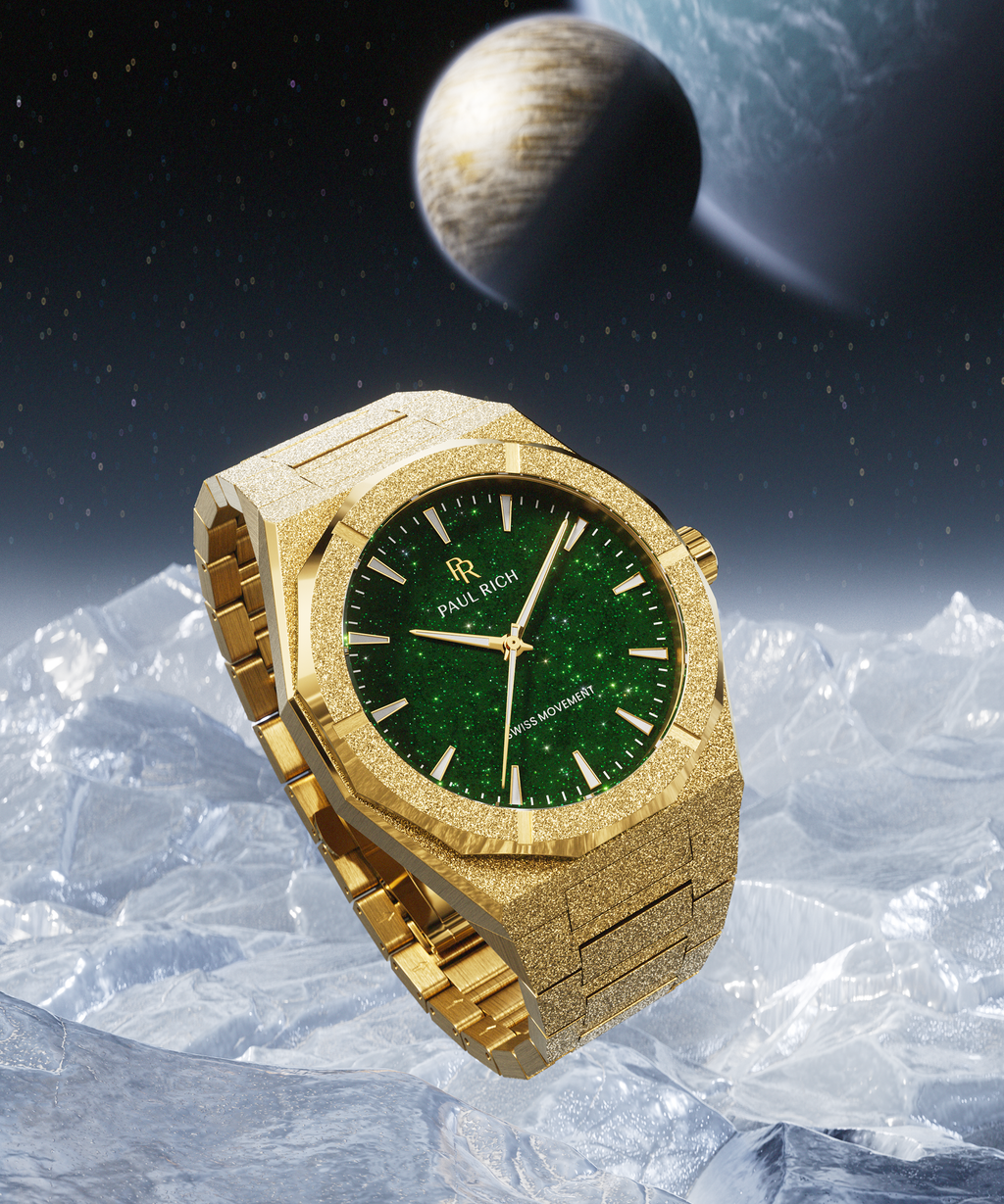 Gold frosted Paul Rich watch with green aventurine dial, floating above icy terrain with a distant planet and stars in the background.