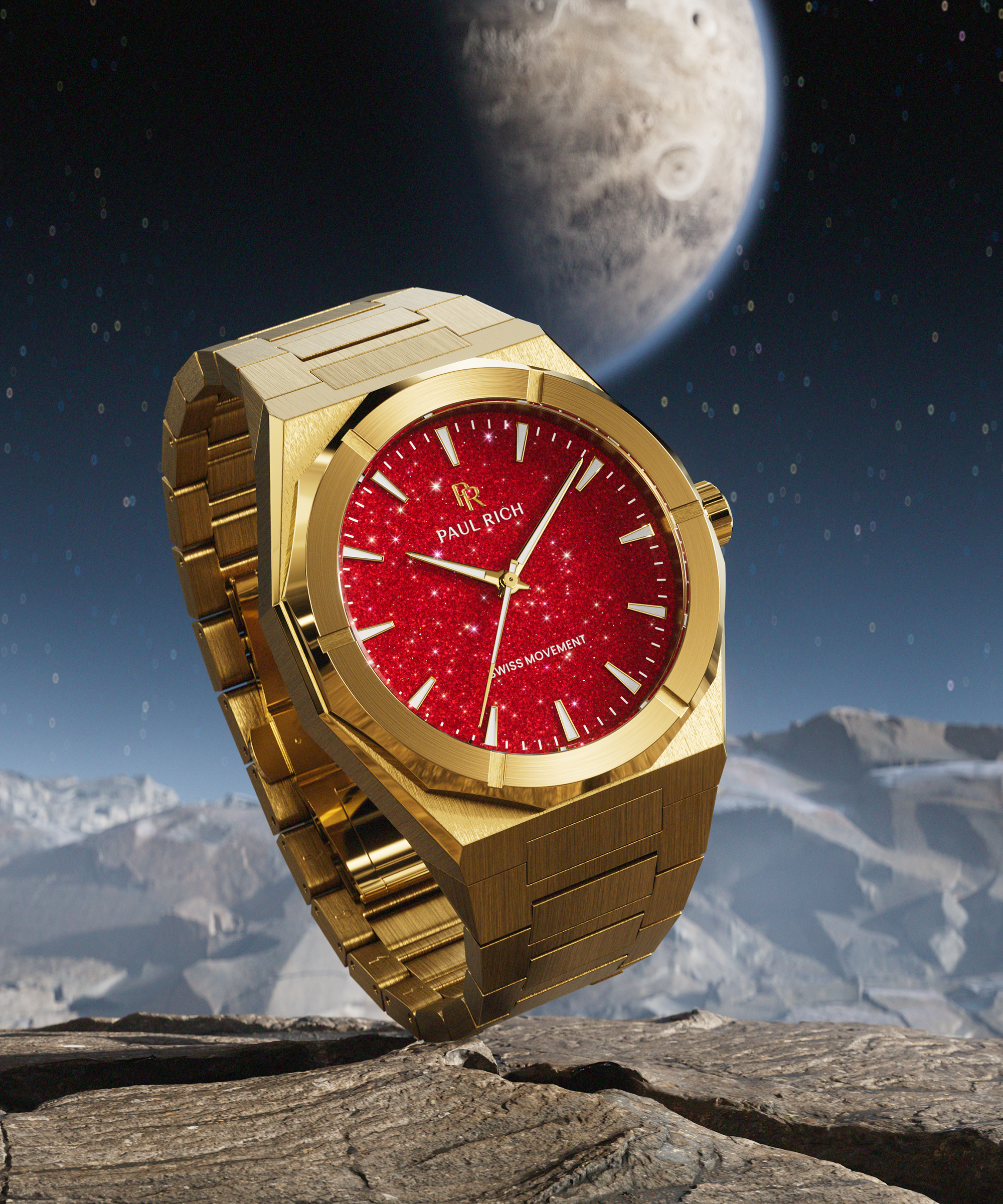 Gold Paul Rich watch with a red aventurine dial displayed on rocky terrain, with a starry sky and a planet visible in the background.