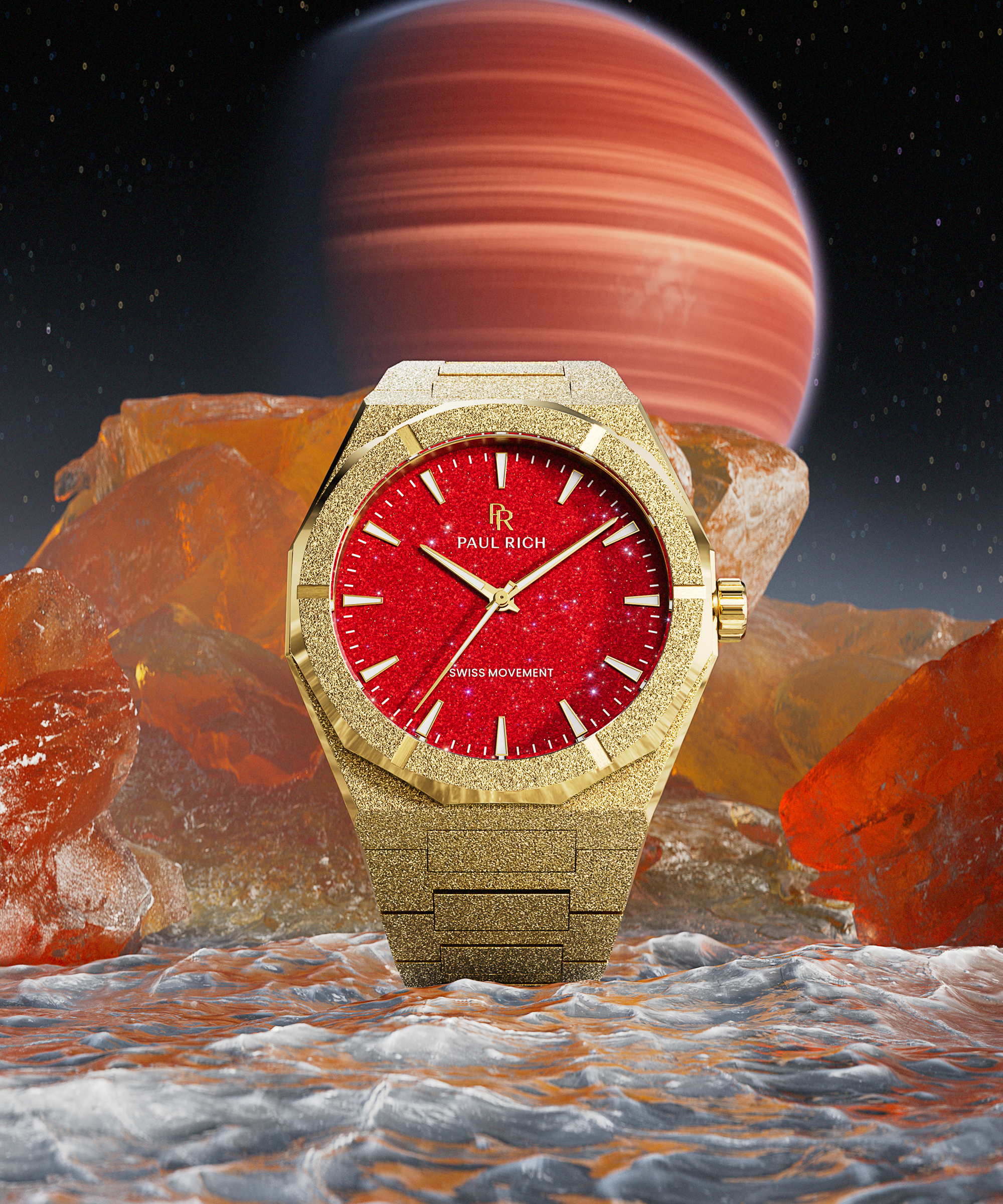 Gold frosted watch with red aventurine dial, standing on icy terrain with red rocks and a swirling gas planet in the starry sky.