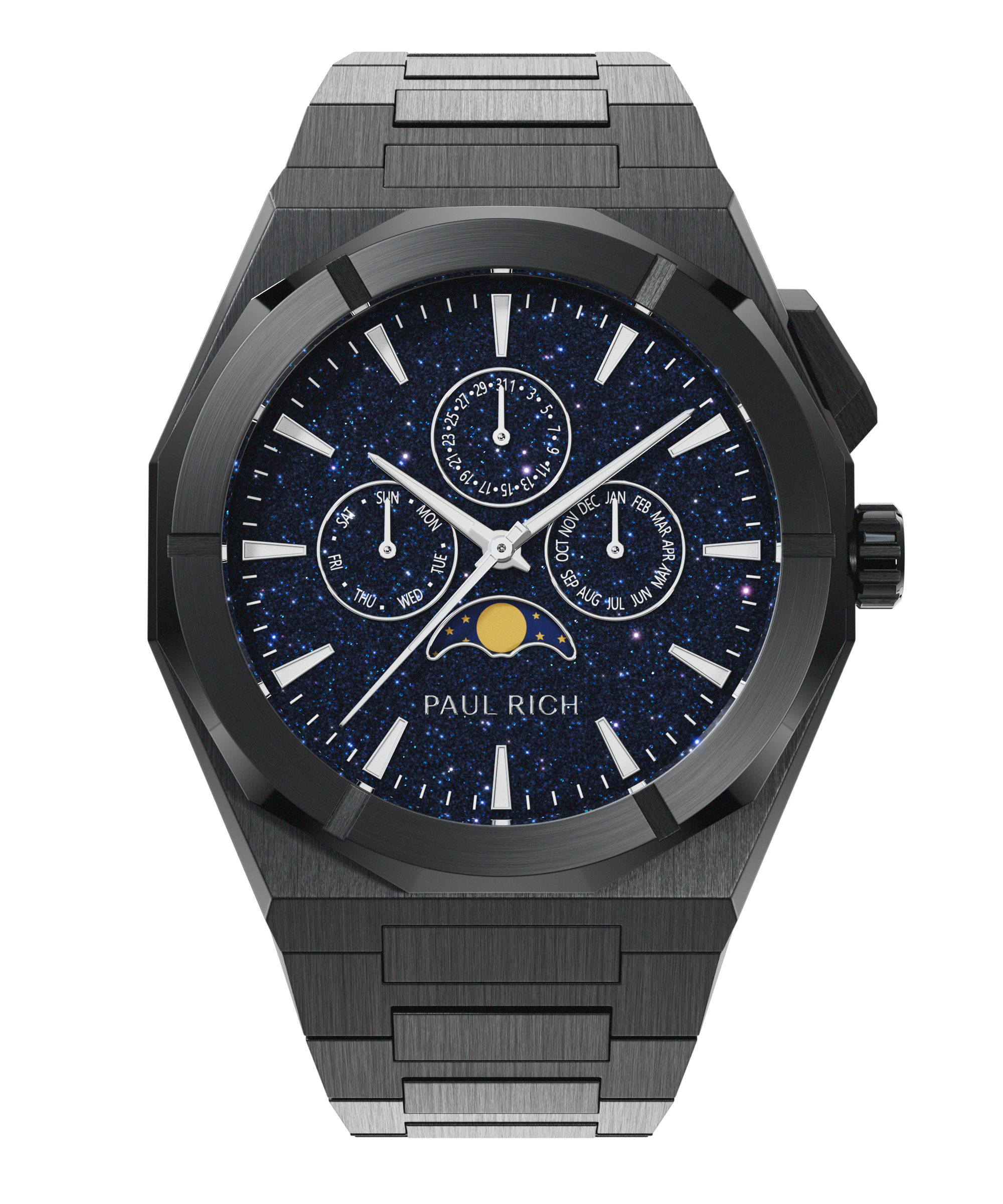 Paul Rich black watch with aventurine dial, moonphase display, and three subdials on a brushed black bracelet.