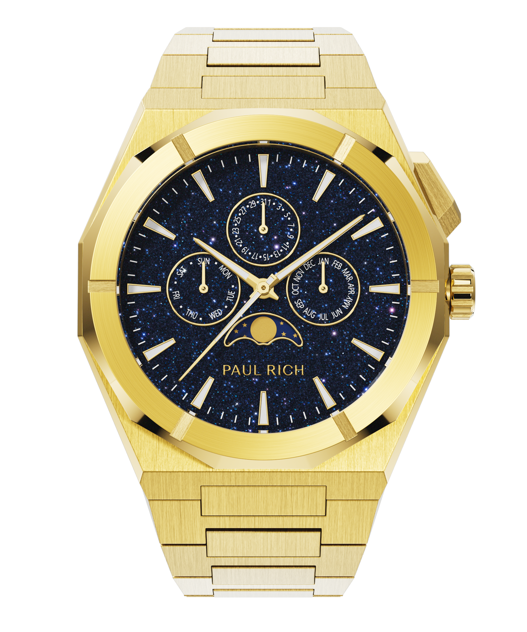 Paul Rich gold watch with black aventurine dial, moonphase display, and three subdials on a brushed gold bracelet.