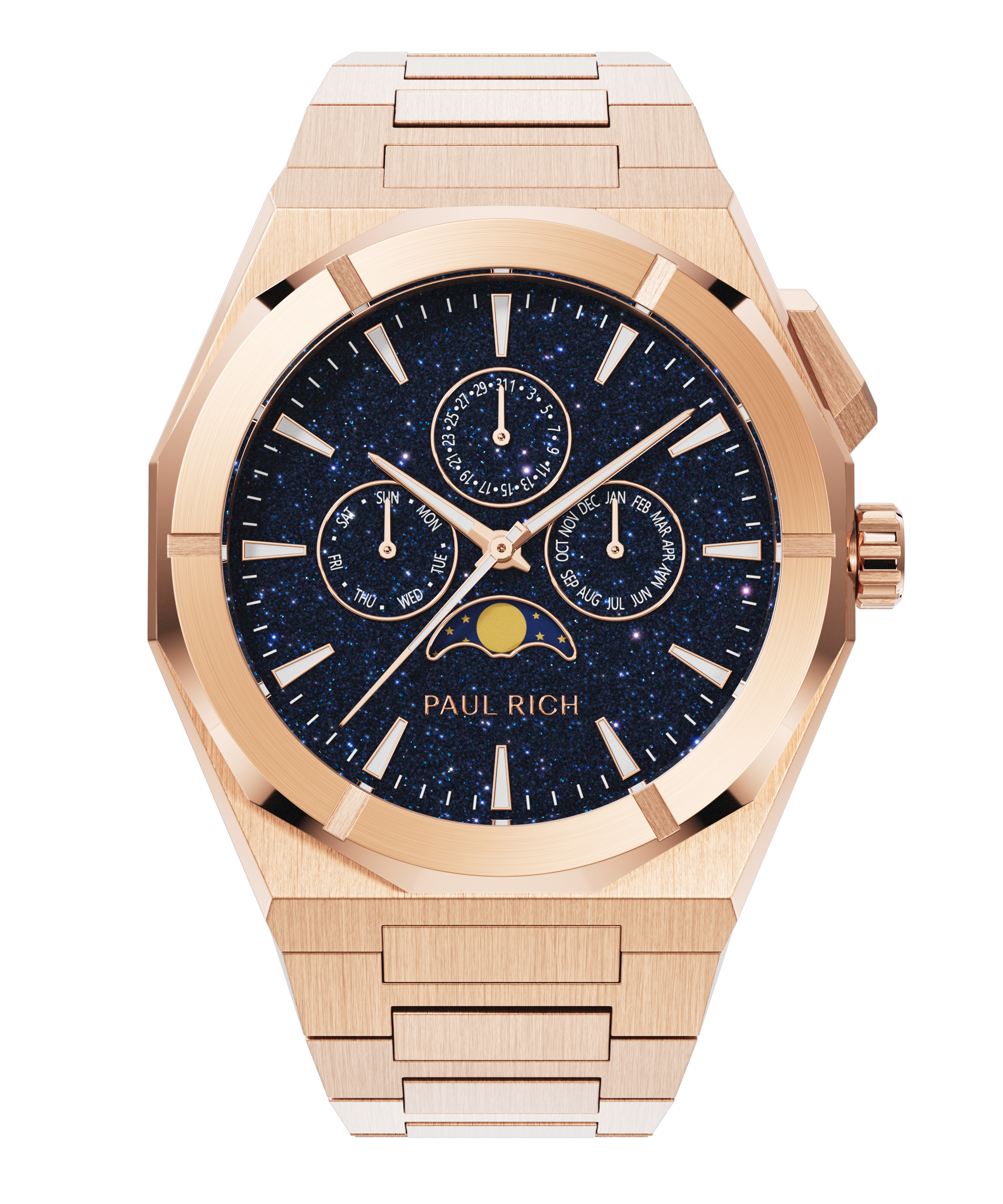 Paul Rich rose gold watch with black aventurine dial, moonphase display, and three subdials on a brushed bracelet.
