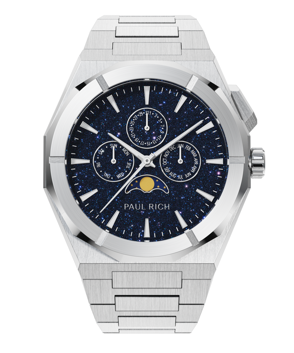 Paul Rich silver watch with aventurine dial, moonphase display, and three subdials on a brushed silver bracelet.