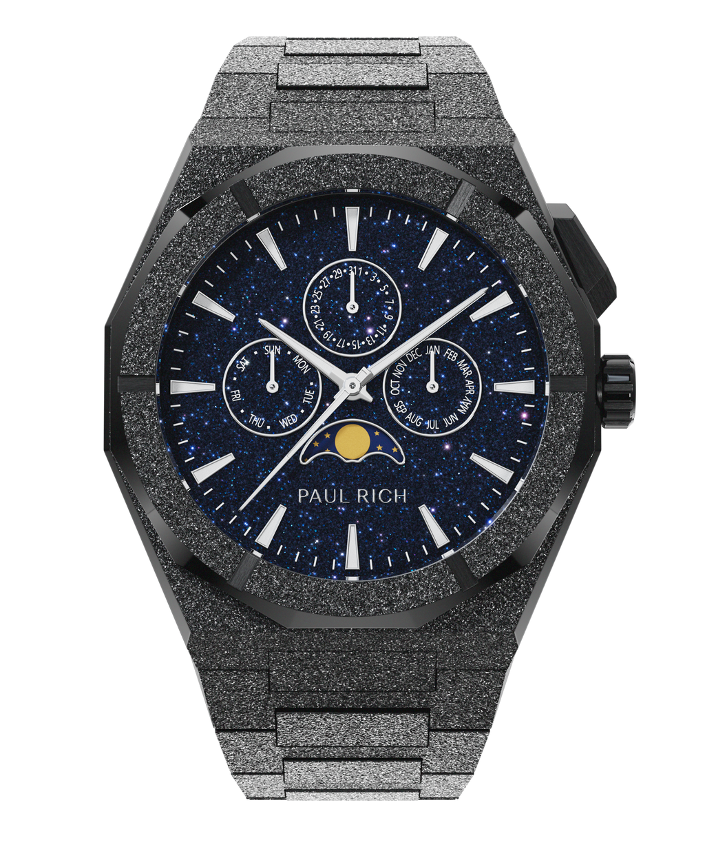 Paul Rich frosted black watch with aventurine dial, moonphase display, and three subdials on a frosted black bracelet.