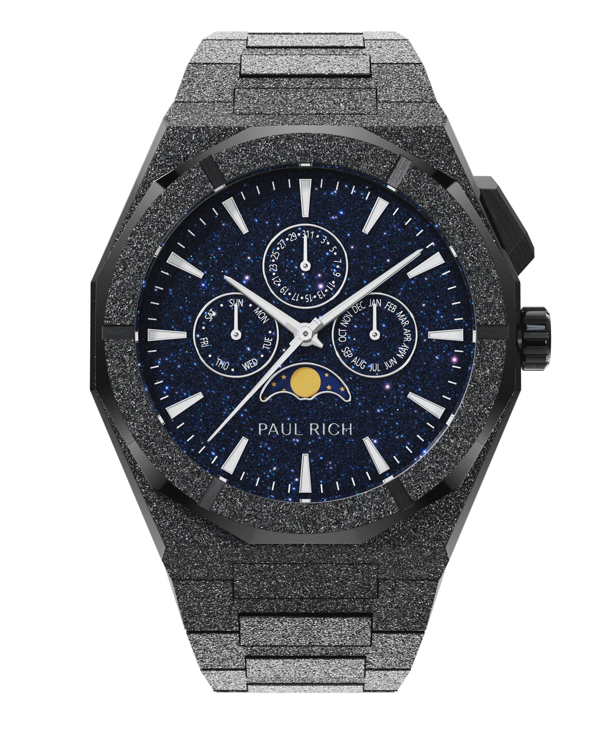 Paul Rich frosted black watch with aventurine dial, moonphase display, and three subdials on a frosted black bracelet.