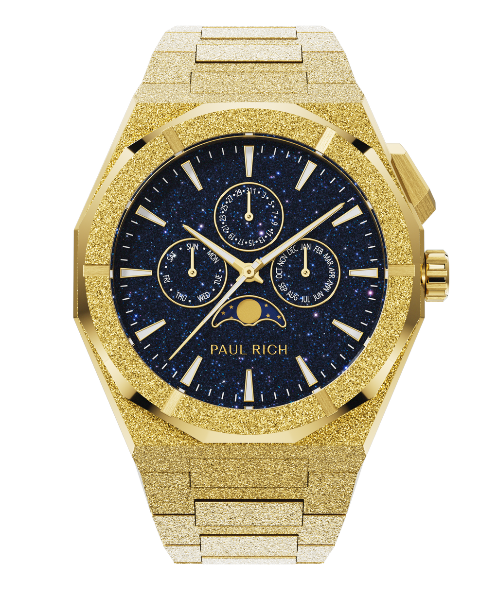 Paul Rich frosted gold watch with aventurine dial, moonphase display, and three subdials on a frosted gold bracelet.