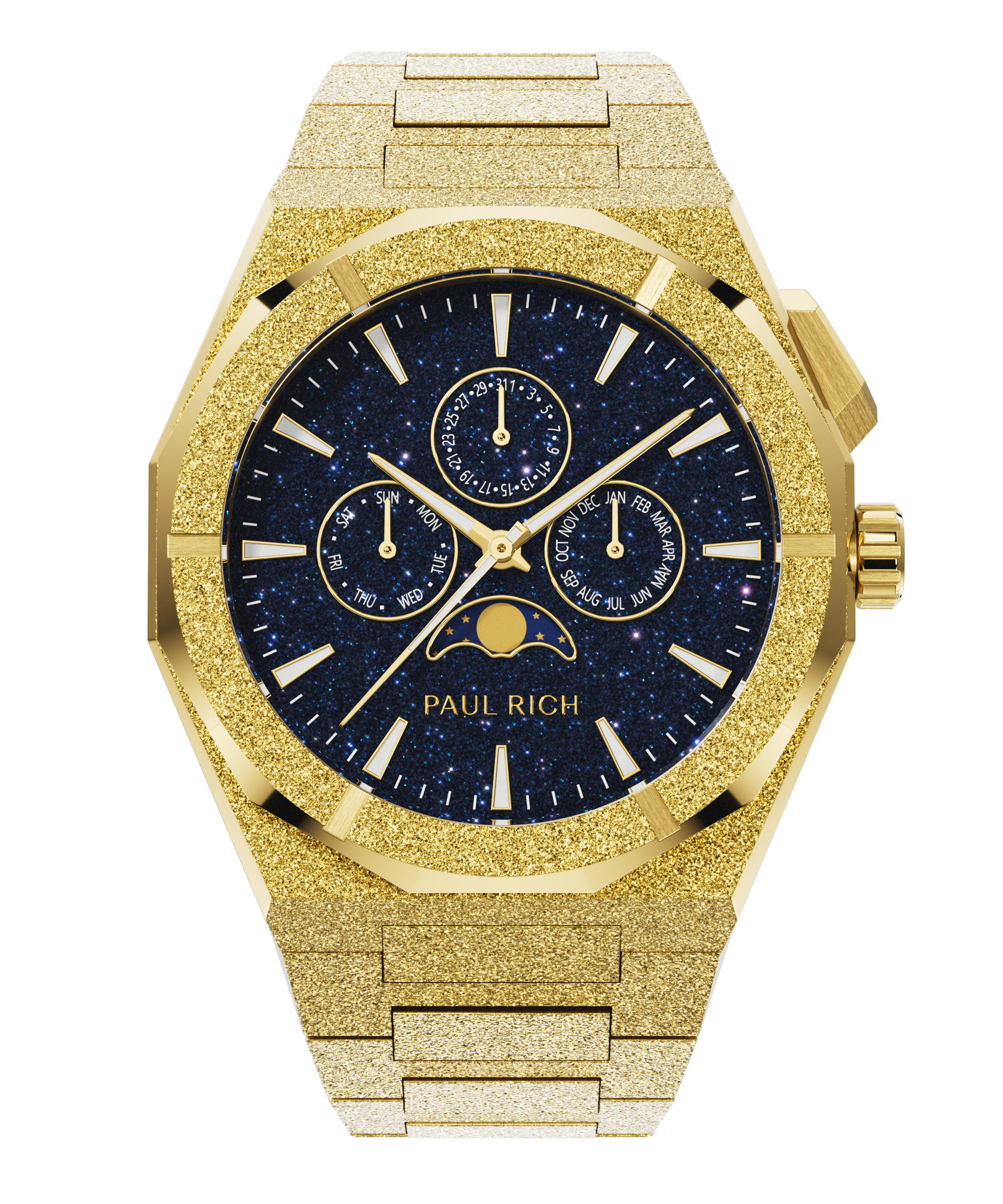 Paul Rich frosted gold watch with aventurine dial, moonphase display, and three subdials on a frosted gold bracelet.