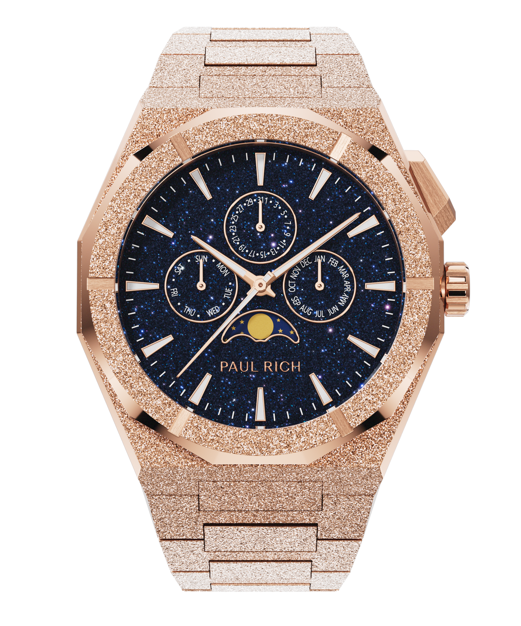 Paul Rich frosted rose gold watch with aventurine dial, moonphase display, and three subdials on a frosted bracelet.