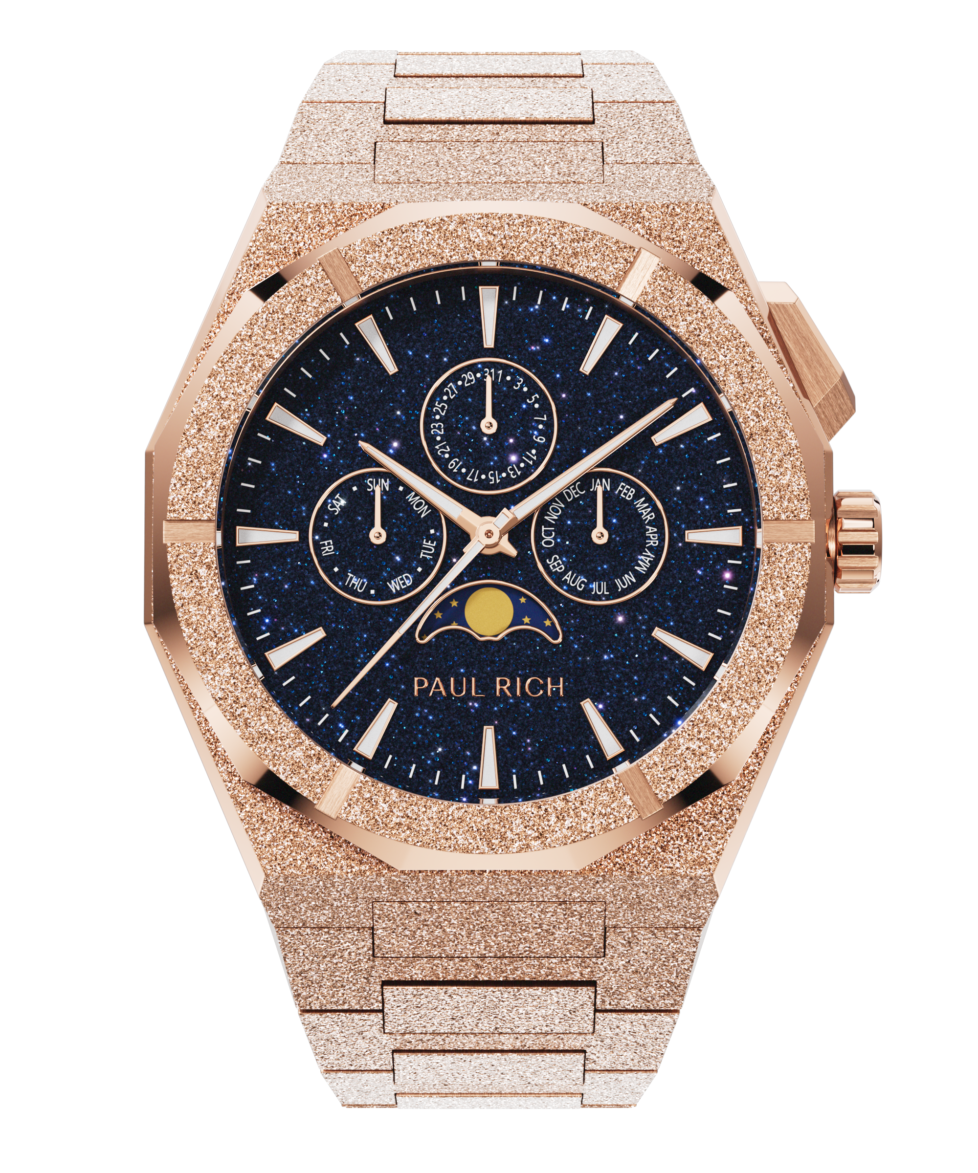 Paul Rich frosted rose gold watch with aventurine dial, moonphase display, and three subdials on a frosted bracelet.