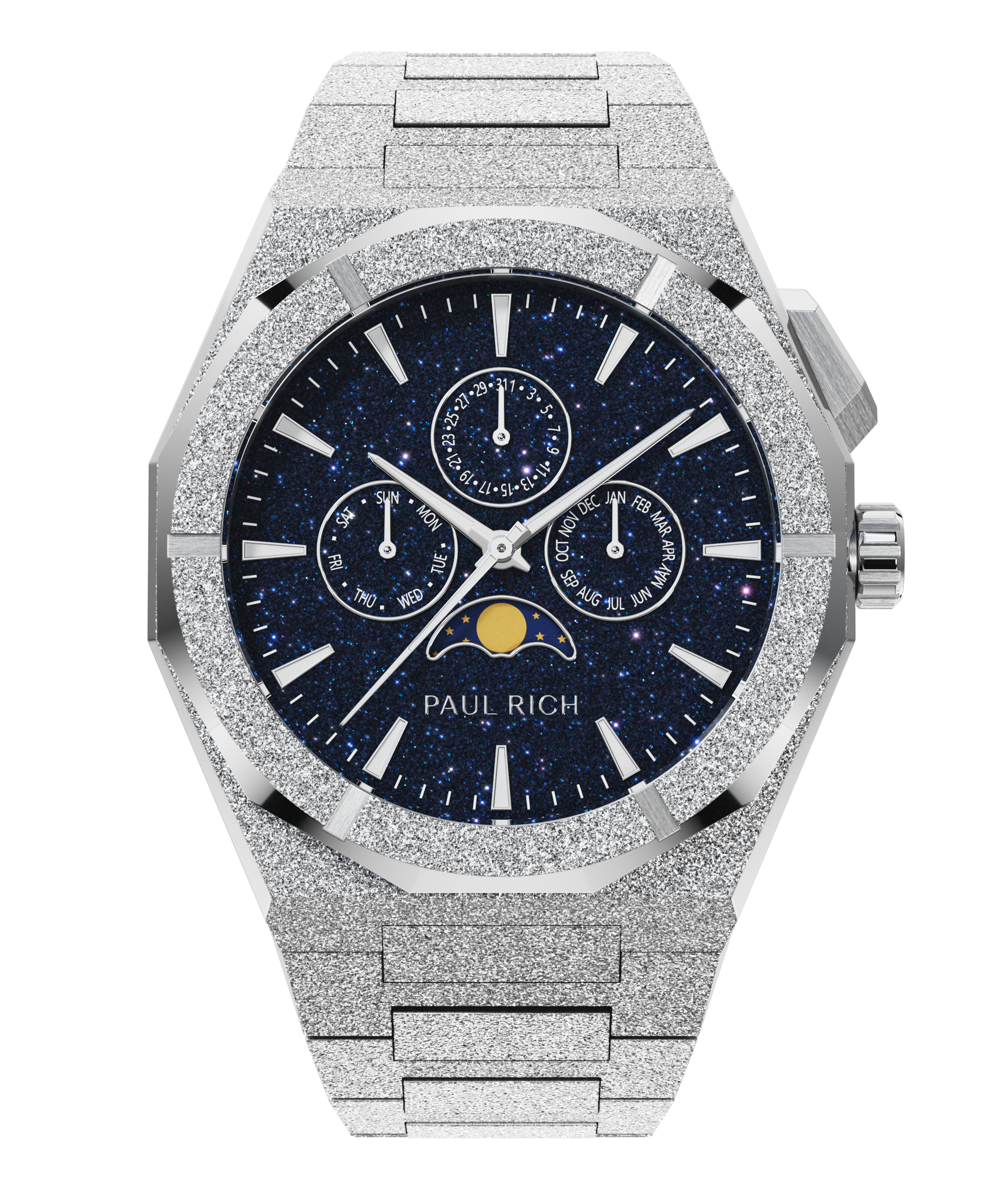 Paul Rich frosted silver watch with aventurine dial, moonphase display, and three subdials on a frosted silver bracelet.