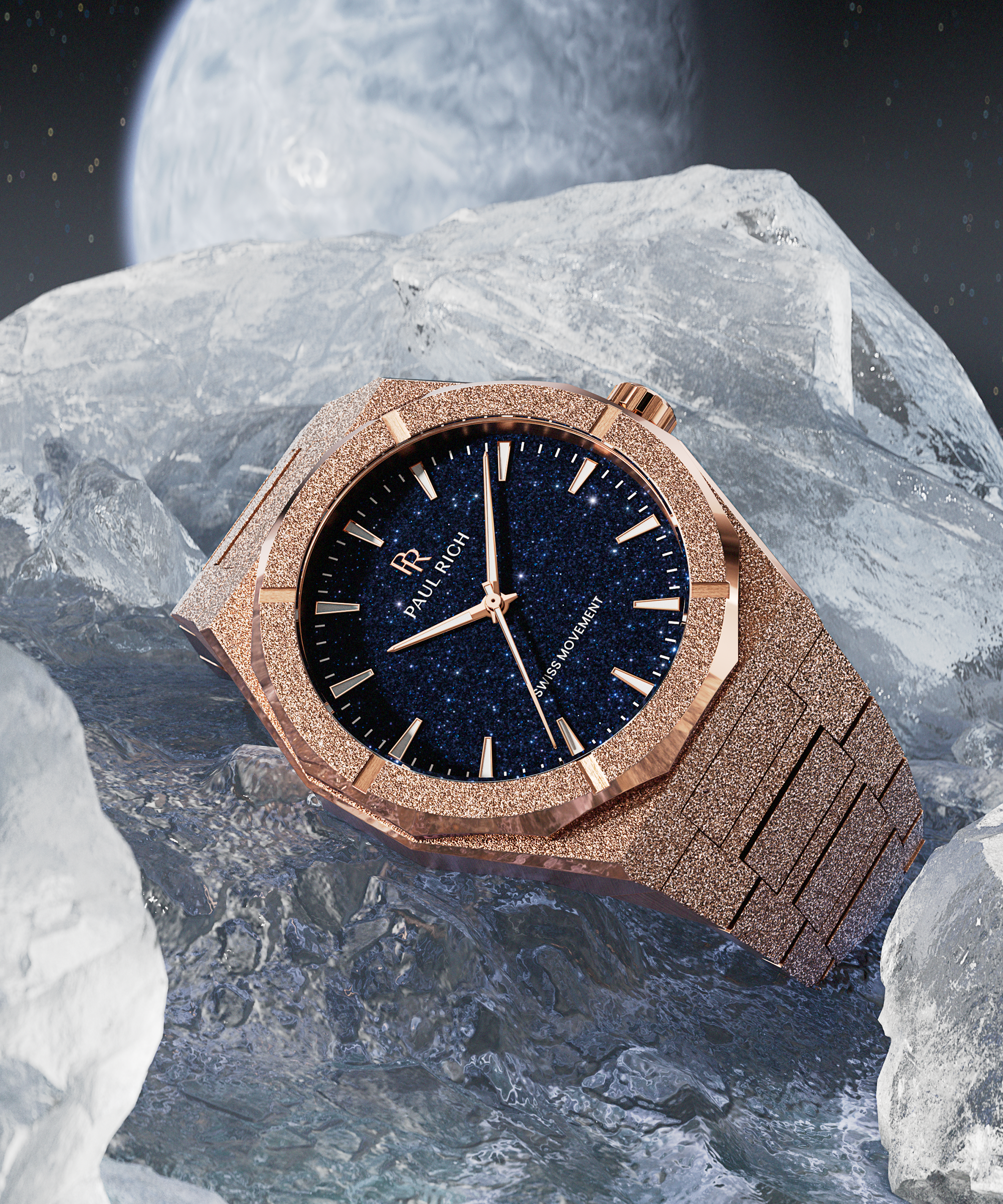 Rose gold Paul Rich watch with blue aventurine dial resting on ice, outer space and a glowing planet in the background.