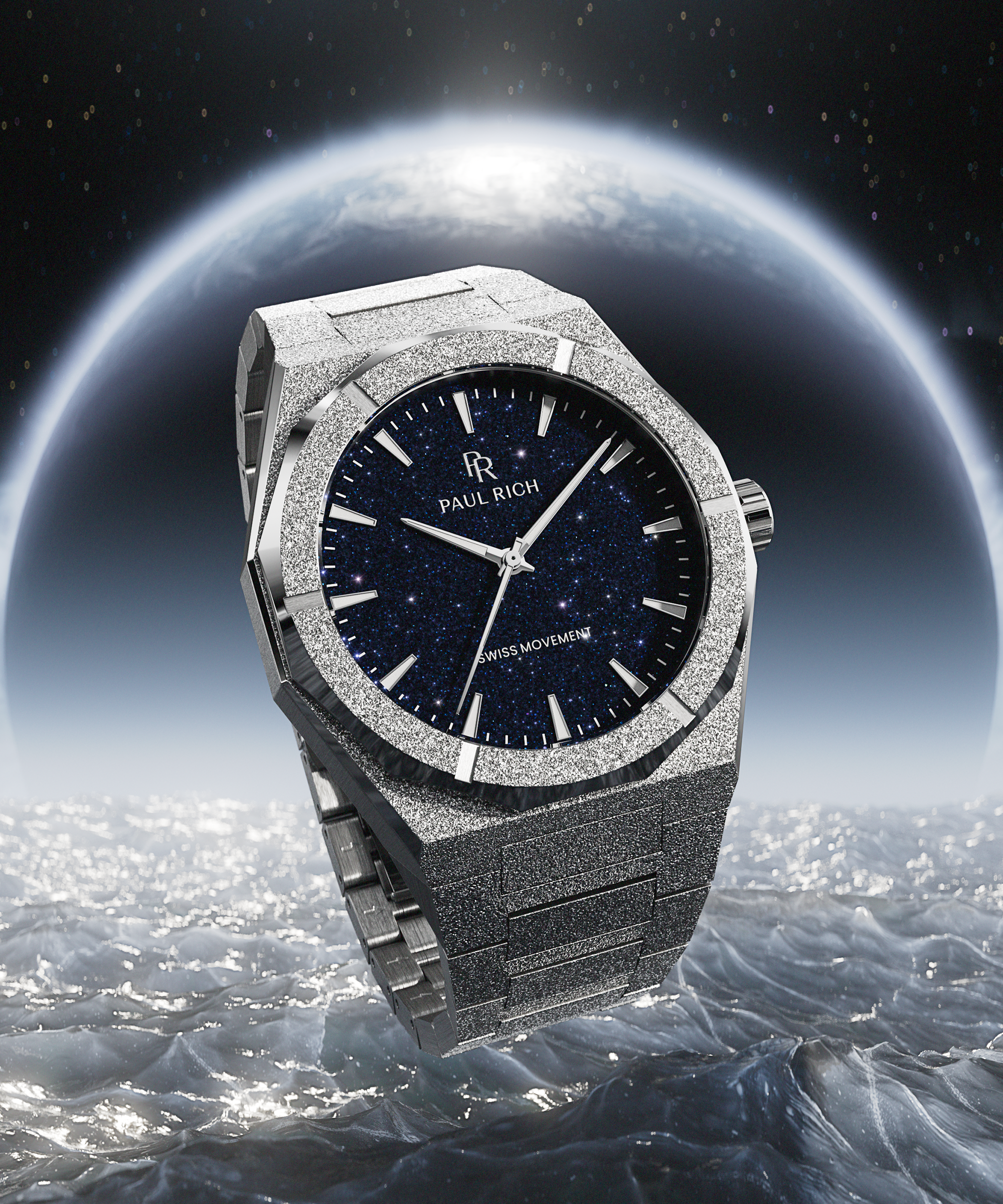 Silver frosted Paul Rich watch with blue aventurine dial floating above icy ocean, with Earth and starry space in the background.