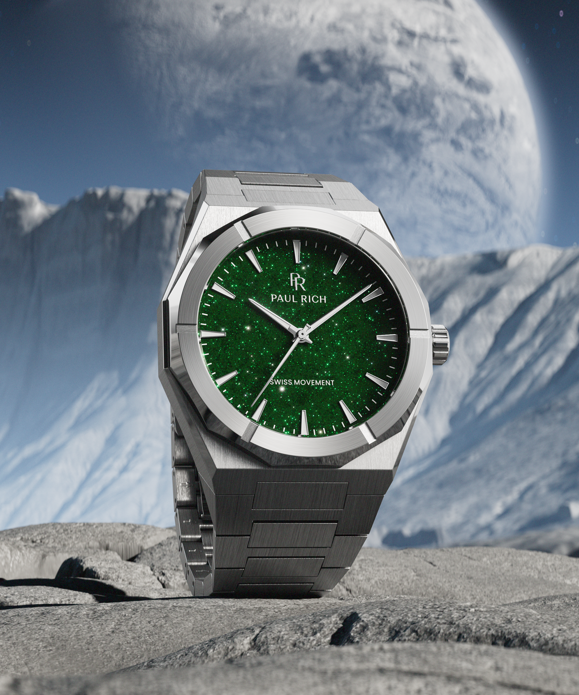Silver Paul Rich watch with green aventurine dial placed on rocky terrain, with icy cliffs and a massive planet visible in the background.