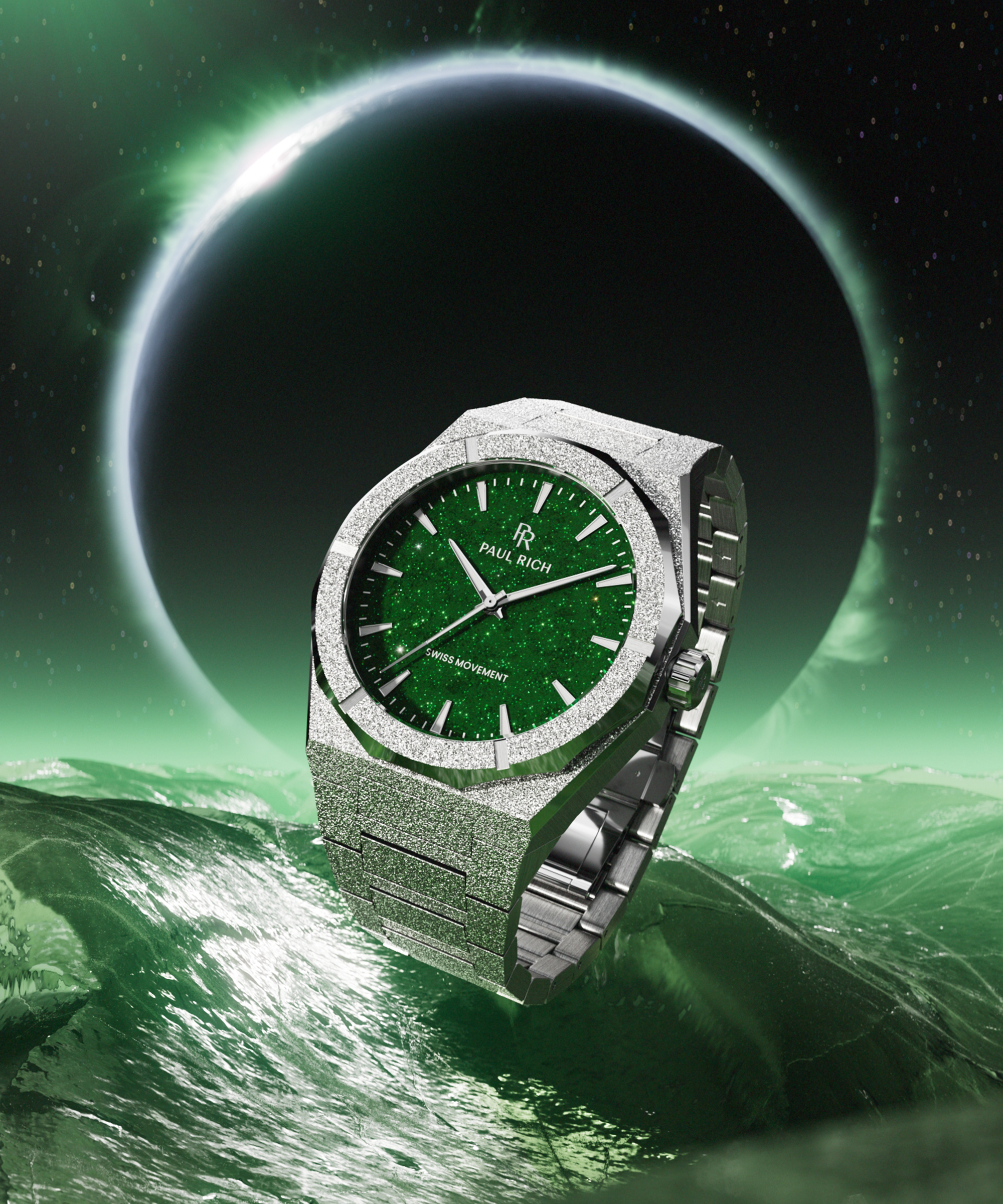 Silver Paul Rich watch with green aventurine dial floats above glowing green waves, backed by a black planet haloed in light.