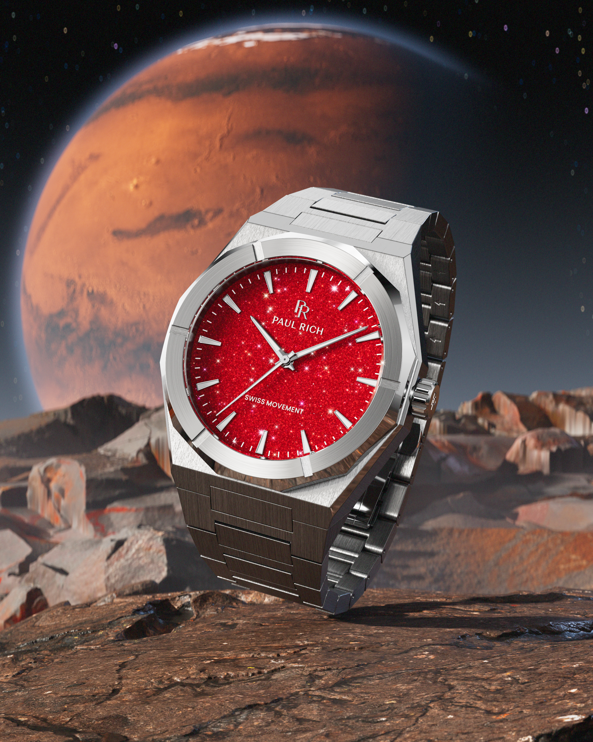 Paul Rich watch with brushed silver case and red aventurine dial, displayed on a Martian landscape with the planet Mars in the background.