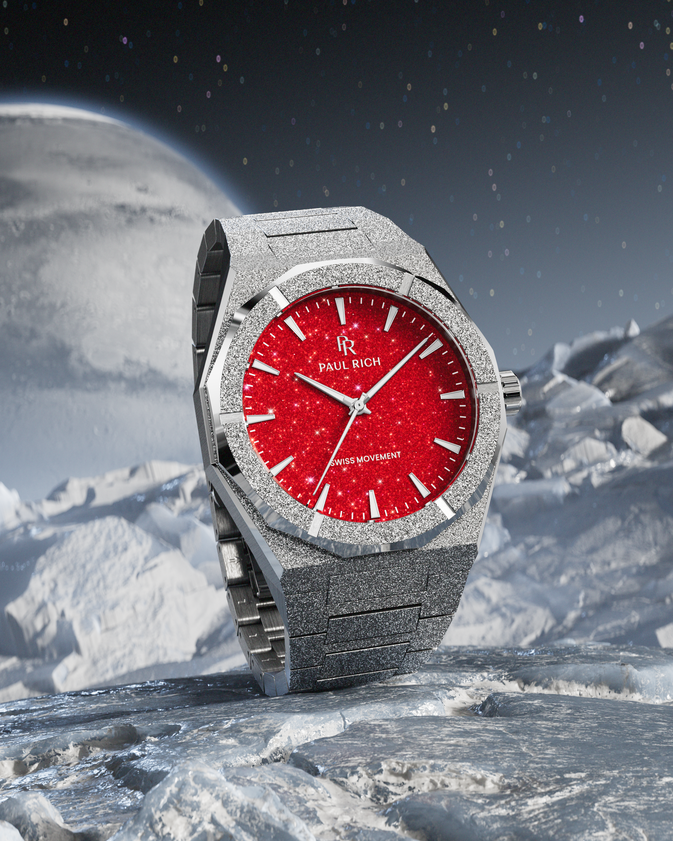 Paul Rich watch with frosted silver case and red aventurine dial, displayed on an icy terrain with a moonlit space backdrop.